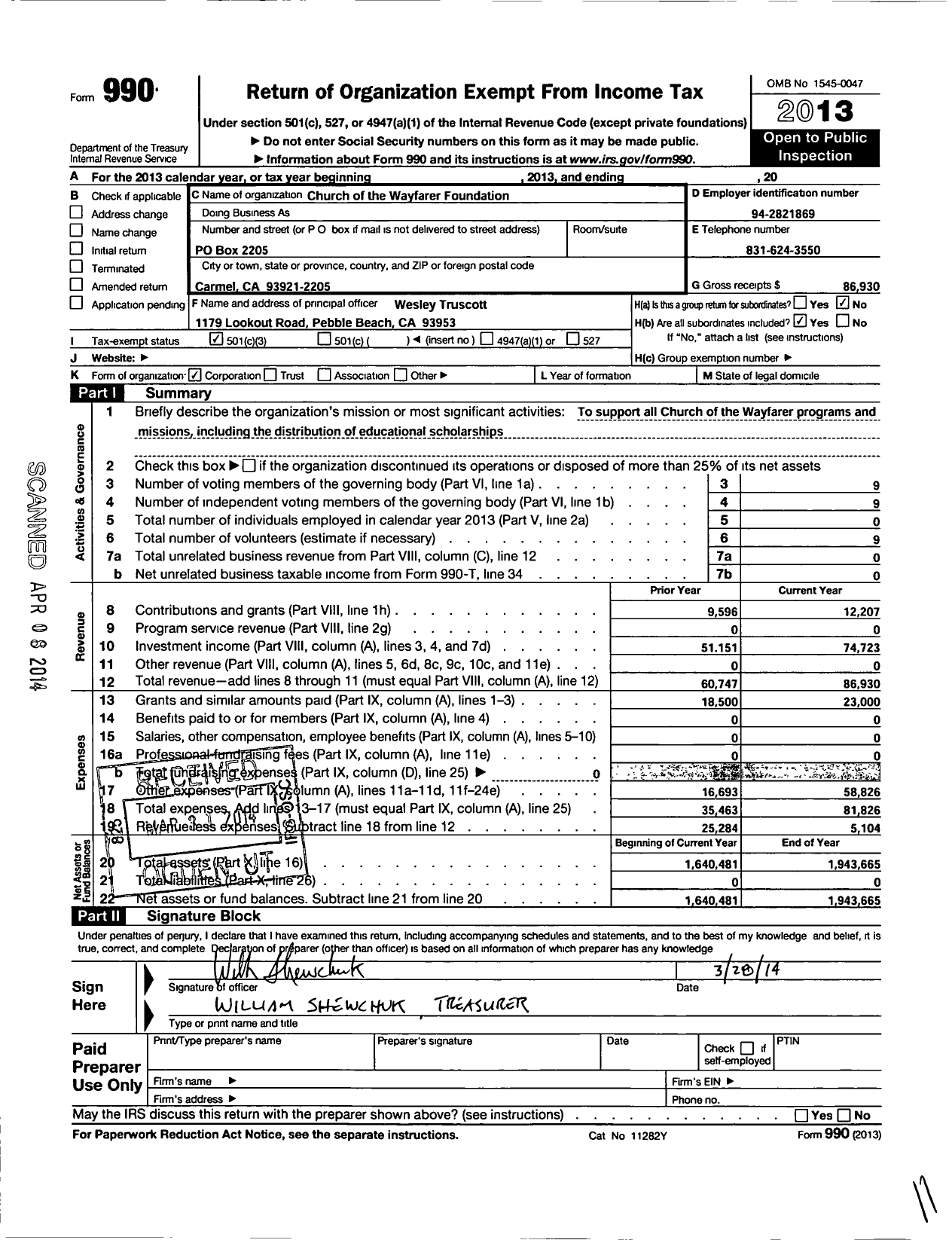 Image of first page of 2013 Form 990 for Church of the Wayfarer Foundation