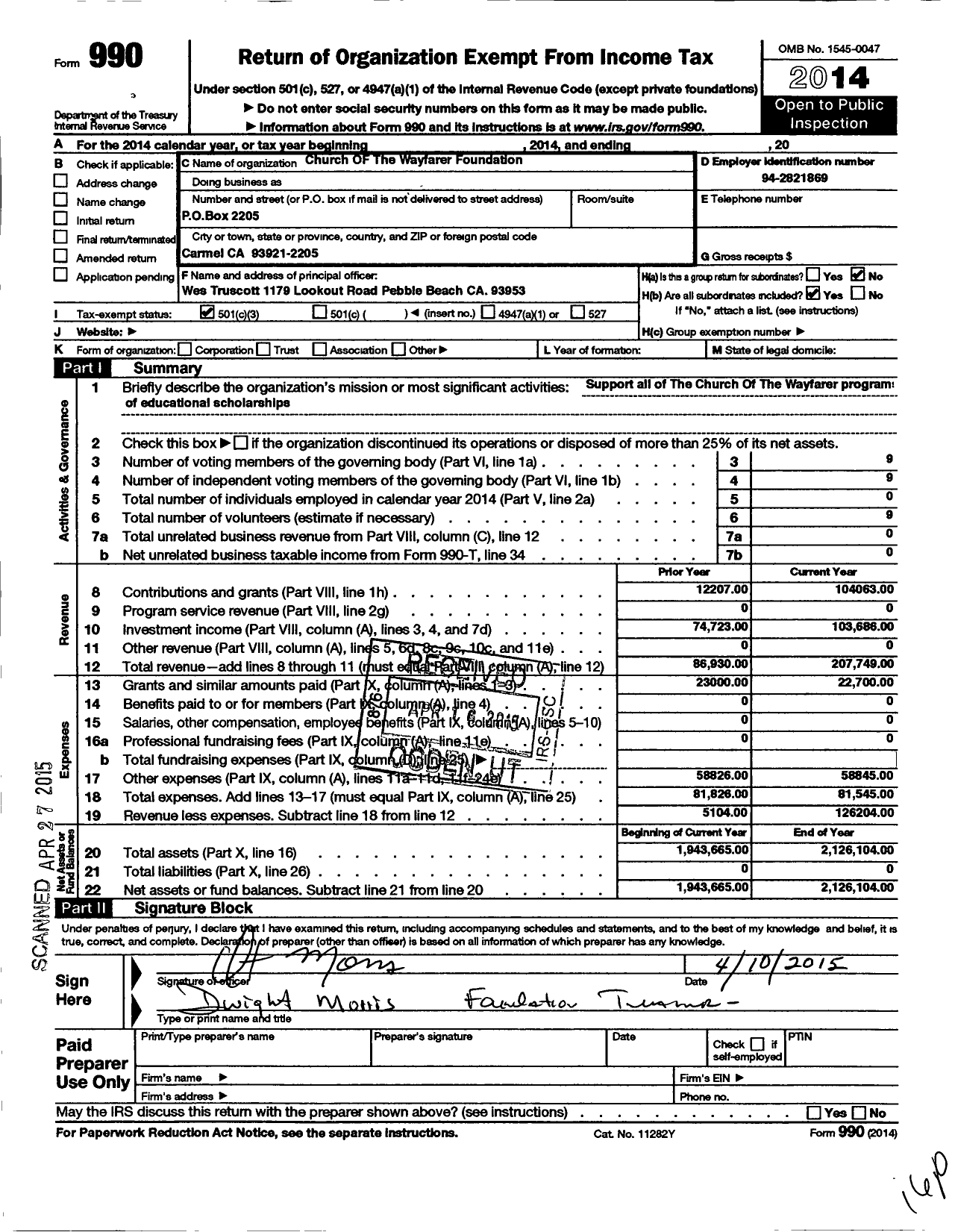 Image of first page of 2014 Form 990 for Church of the Wayfarer Foundation