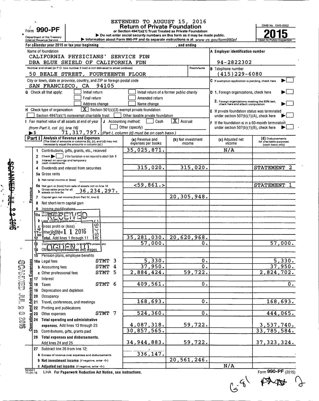 Image of first page of 2015 Form 990PF for Blue Shield of California Foundation