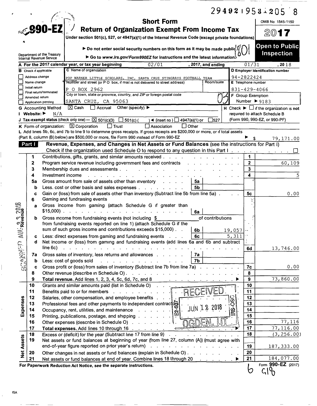 Image of first page of 2017 Form 990EZ for Pop Warner Little Scholars Santa Cruz Stingrays Football Team