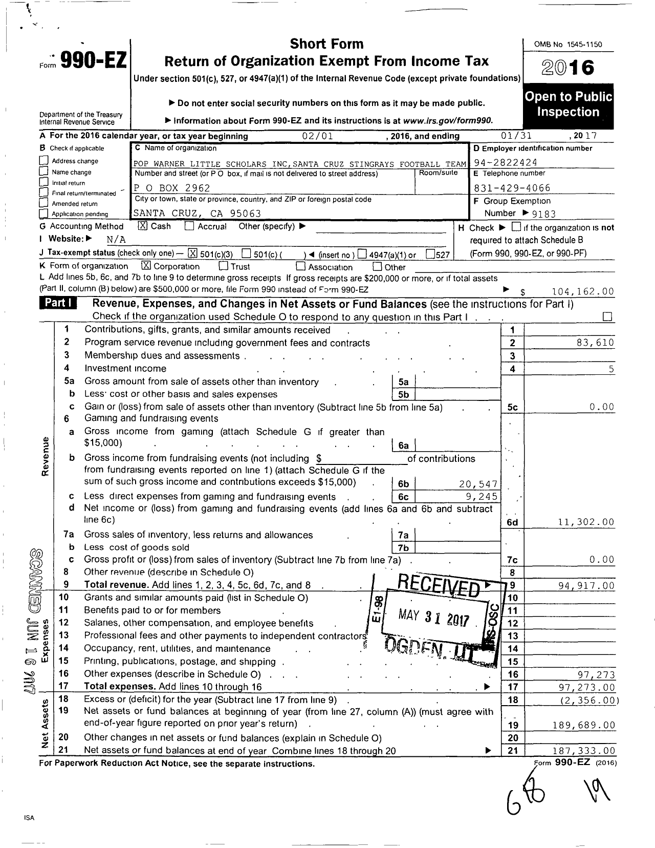 Image of first page of 2016 Form 990EZ for Pop Warner Little Scholars Santa Cruz Stingrays Football Team