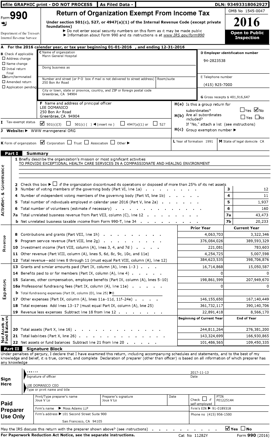 Image of first page of 2016 Form 990 for Marinhealth Medical Center