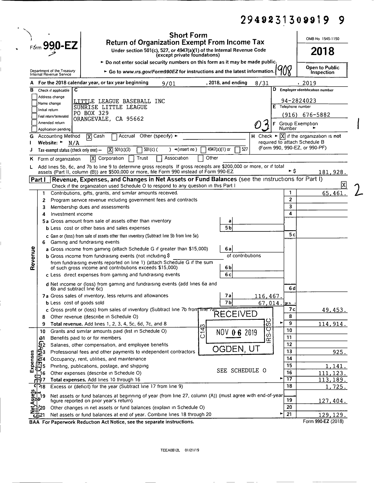 Image of first page of 2018 Form 990EZ for Little League Baseball - Sunrise Little League