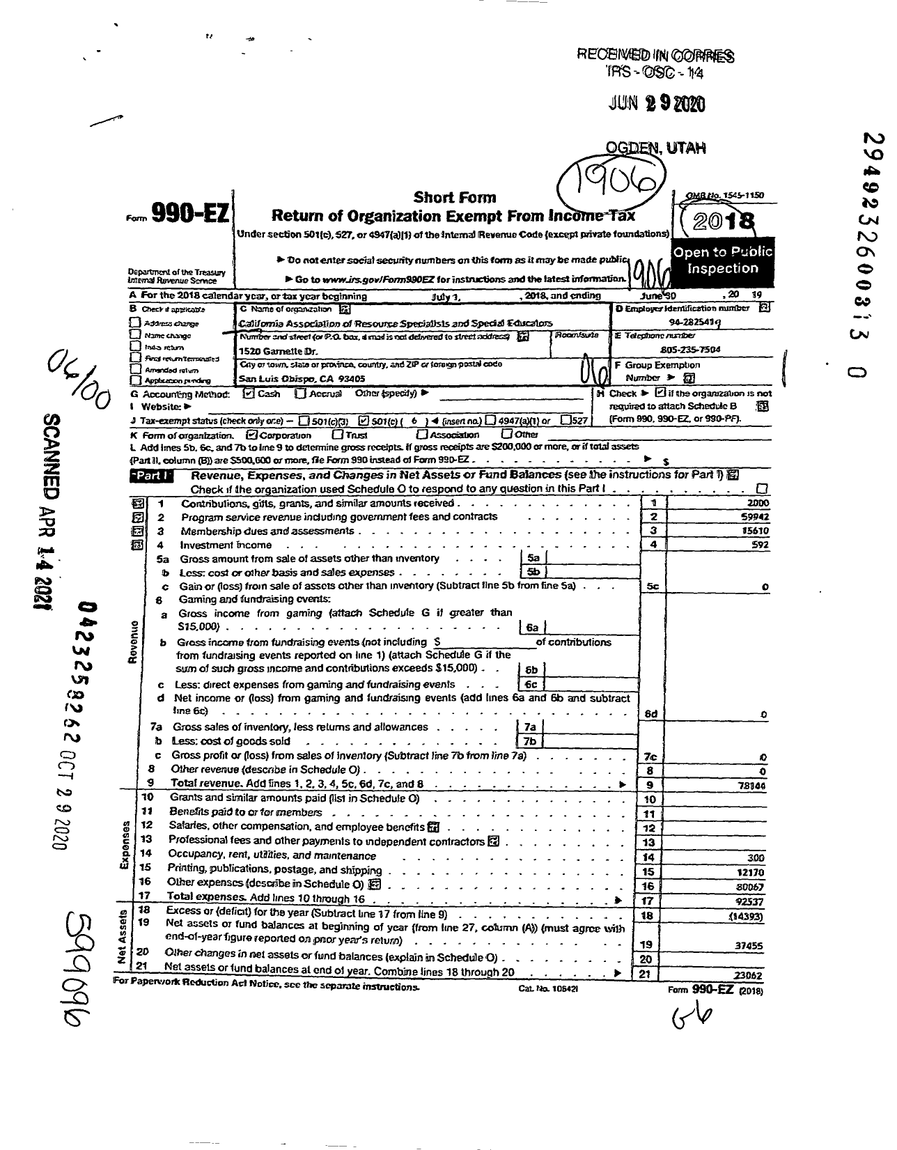 Image of first page of 2018 Form 990EO for California Association of Resource Specialists and Special Educators