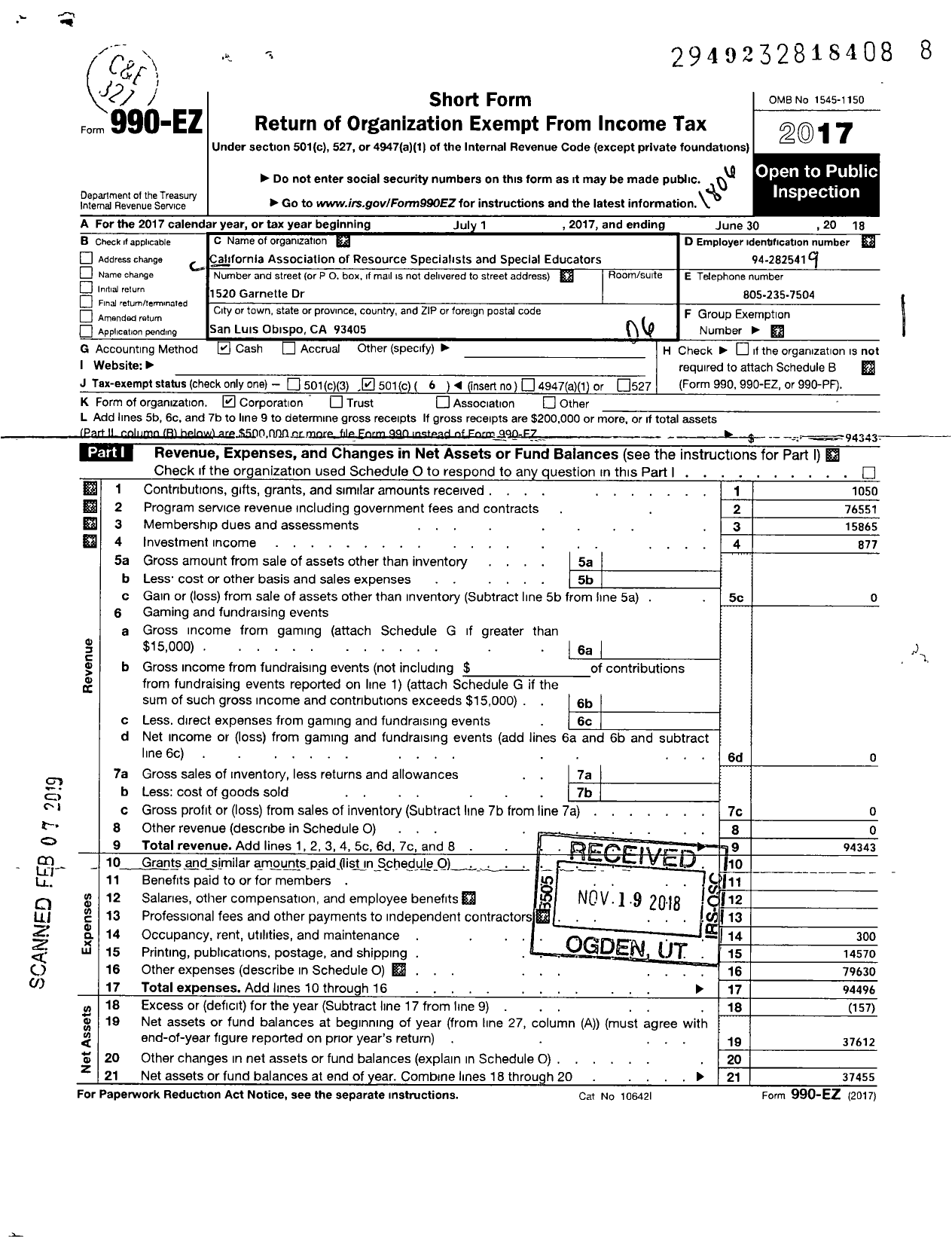 Image of first page of 2017 Form 990EO for California Association of Resource Specialists and Special Educators