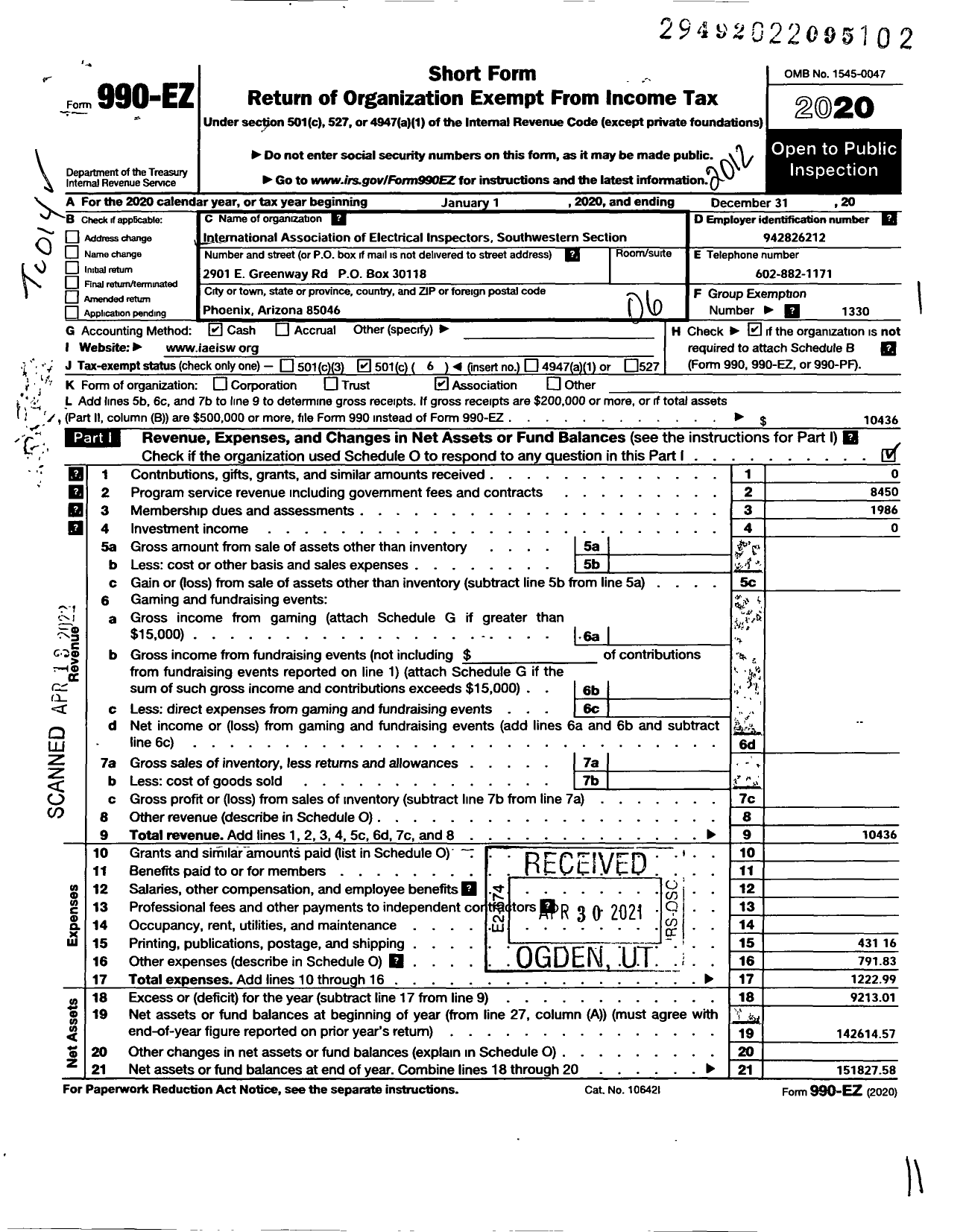 Image of first page of 2020 Form 990EO for International Association of Electrical Inspectors Southwestern Section