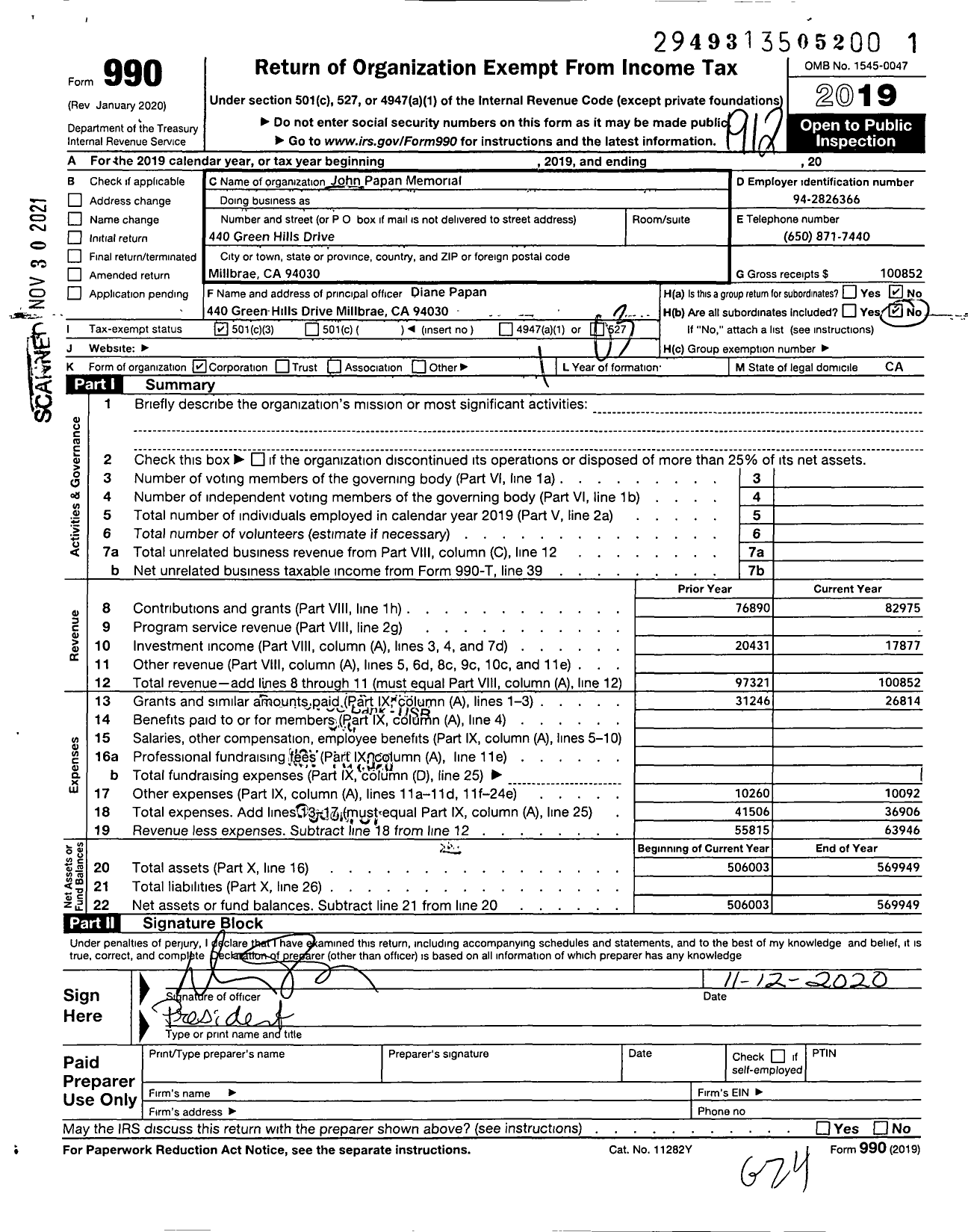 Image of first page of 2019 Form 990 for John Papan Memorial