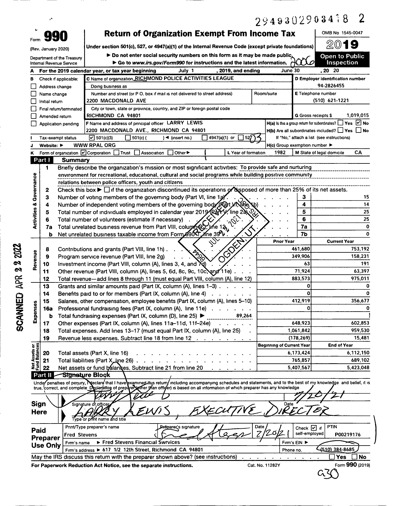 Image of first page of 2019 Form 990 for Richmond Police Activities League