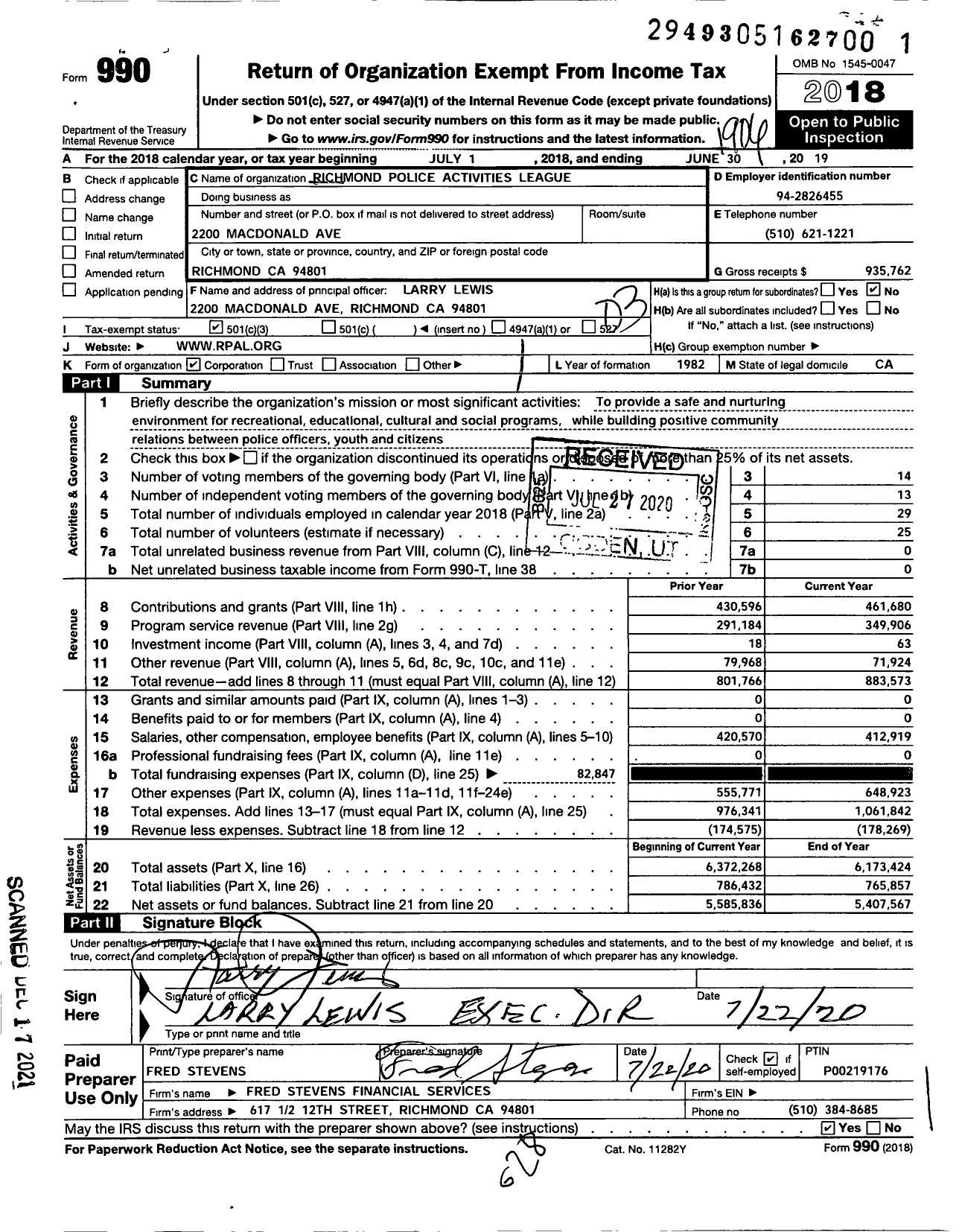 Image of first page of 2018 Form 990 for Richmond Police Activities League