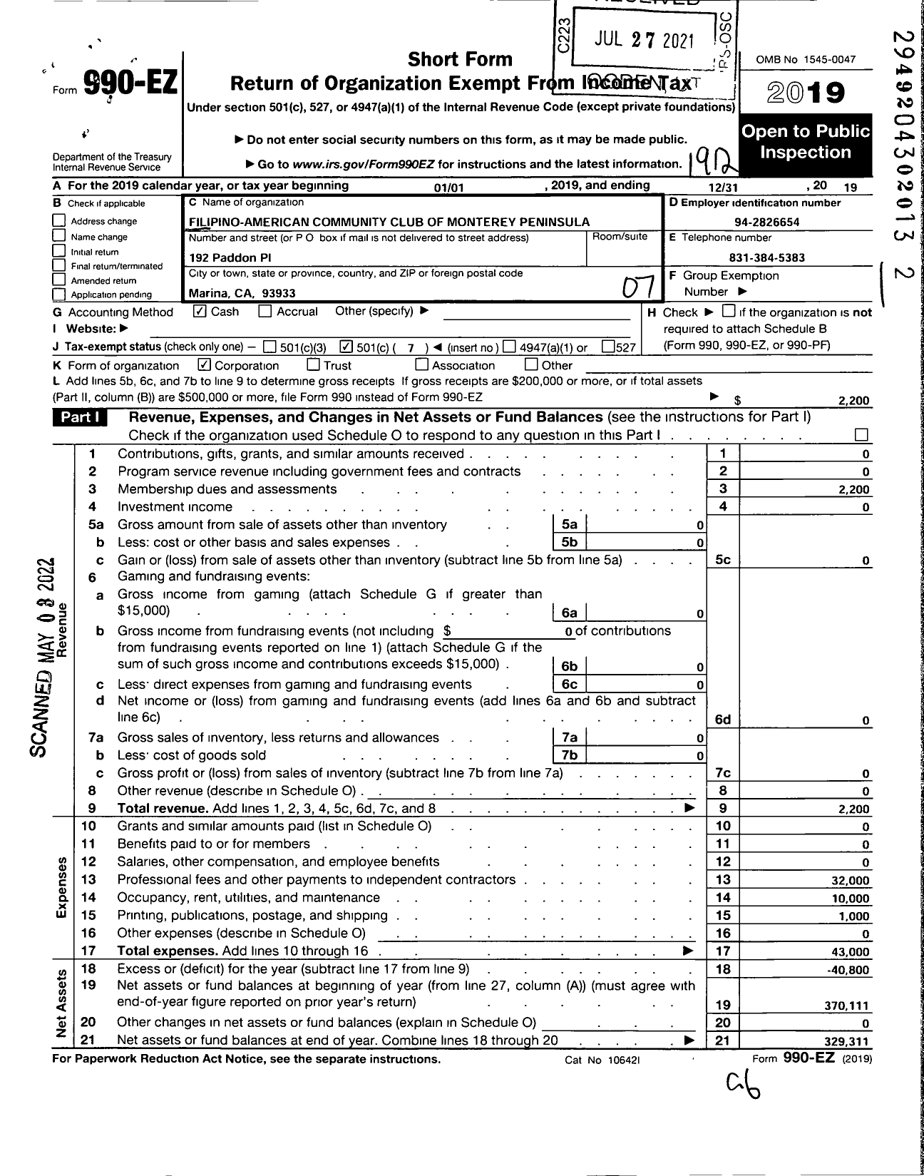 Image of first page of 2019 Form 990EO for Filipino-American Community Club of Monterey Peninsula