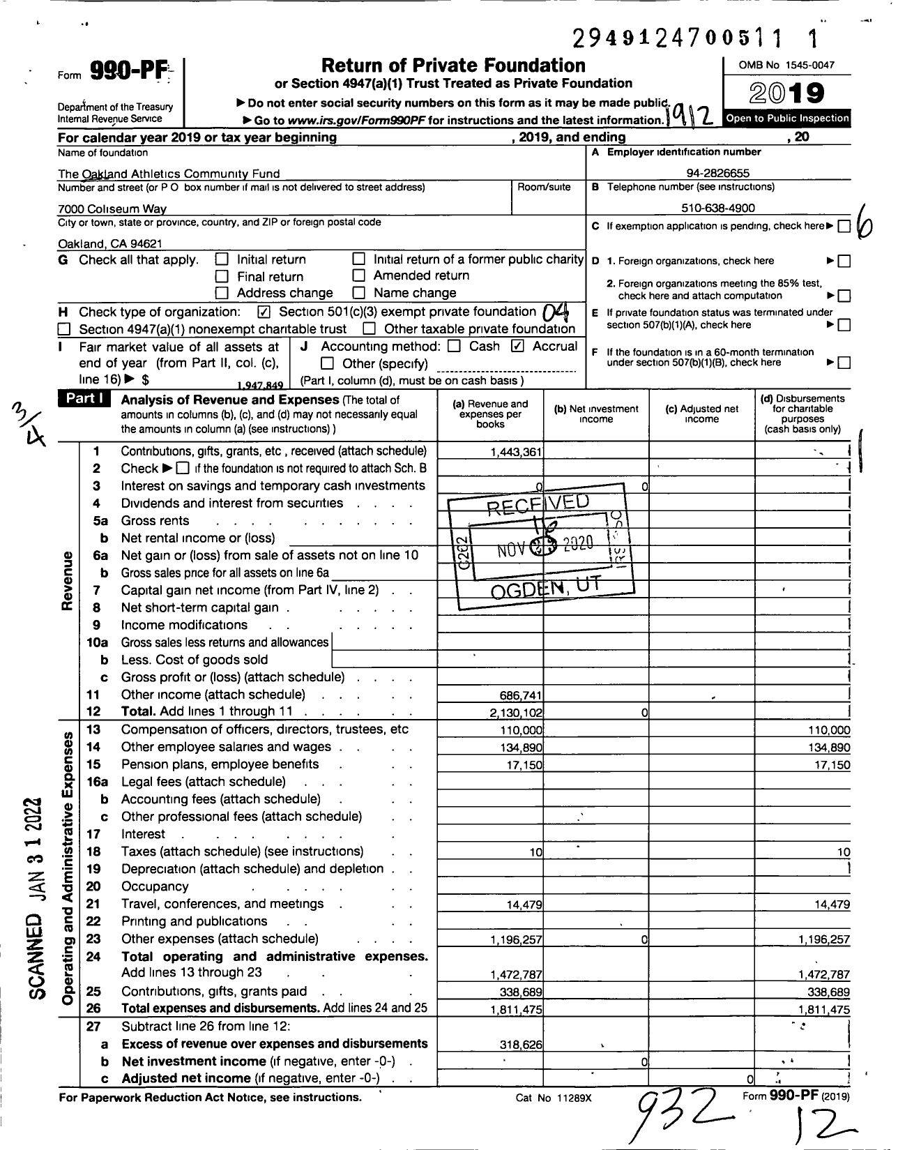 Image of first page of 2019 Form 990PF for The Oakland Athletics Community Fund