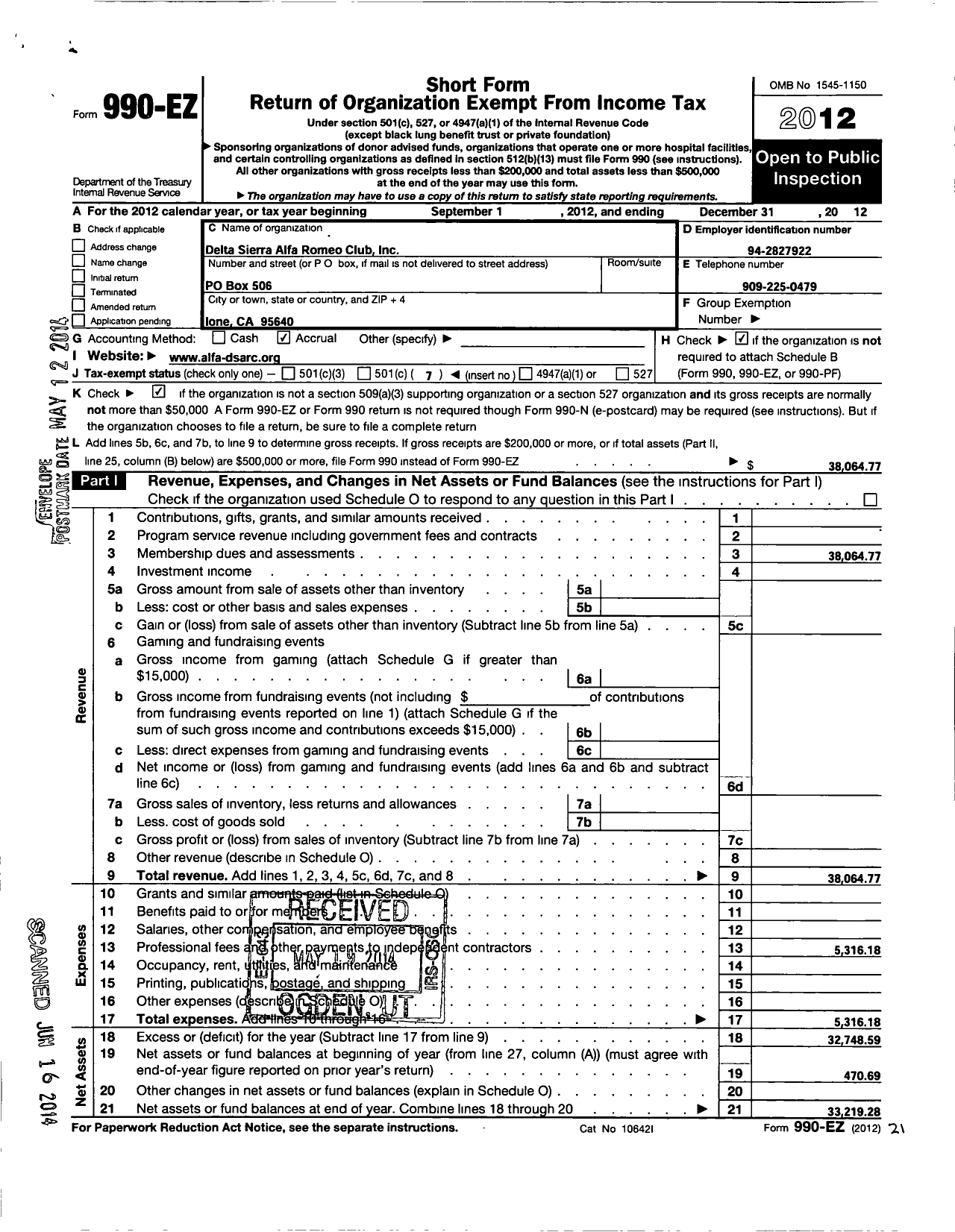 Image of first page of 2012 Form 990EO for Delta Sierra Alfa Romeo Club