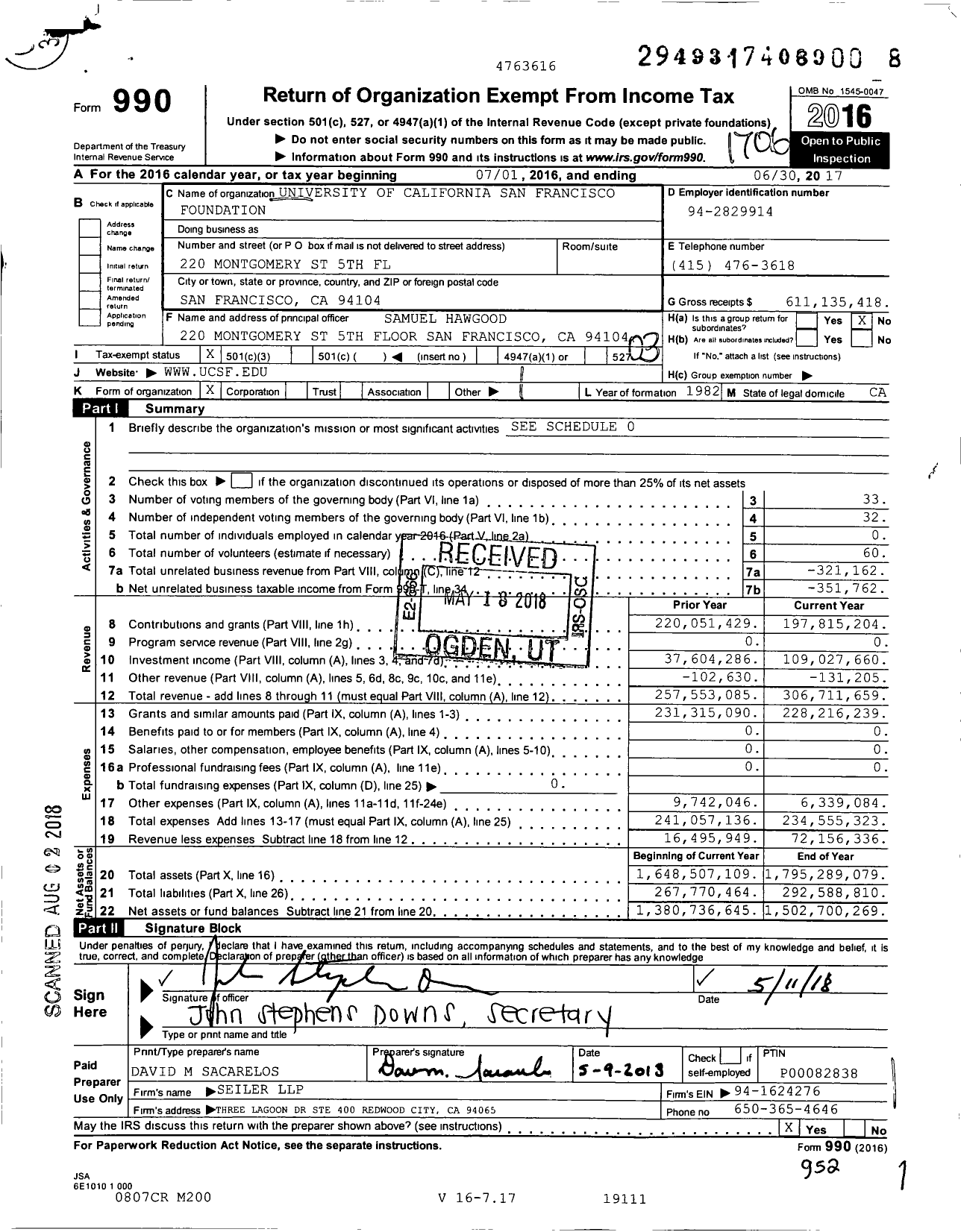 Image of first page of 2016 Form 990 for University of California San Francisco Foundation (UCSF)