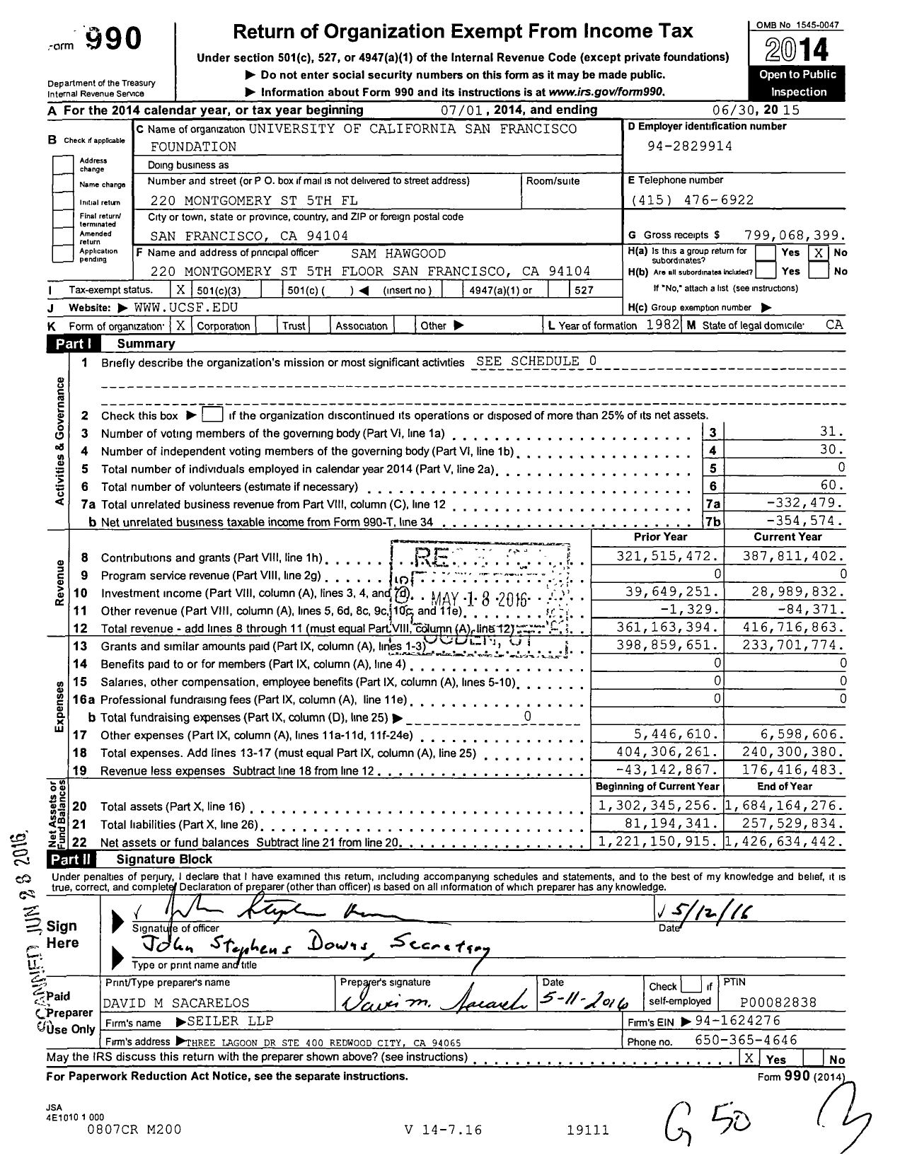 Image of first page of 2014 Form 990 for University of California San Francisco Foundation (UCSF)