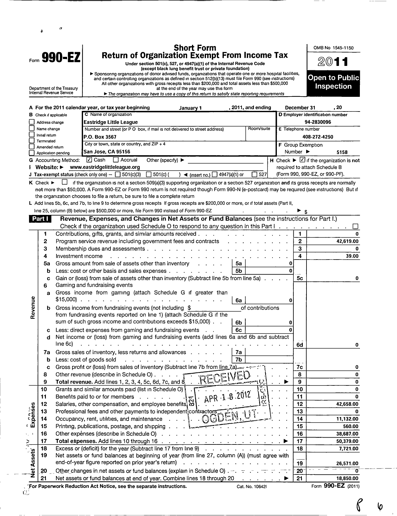 Image of first page of 2011 Form 990EO for Little League Baseball - 4055910 Eastridge LL