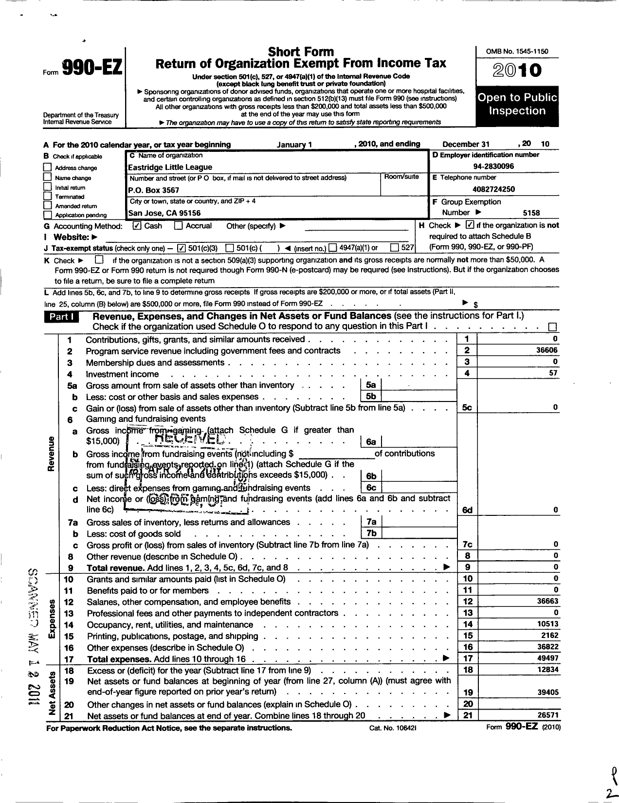Image of first page of 2010 Form 990EZ for Little League Baseball - 4055910 Eastridge LL