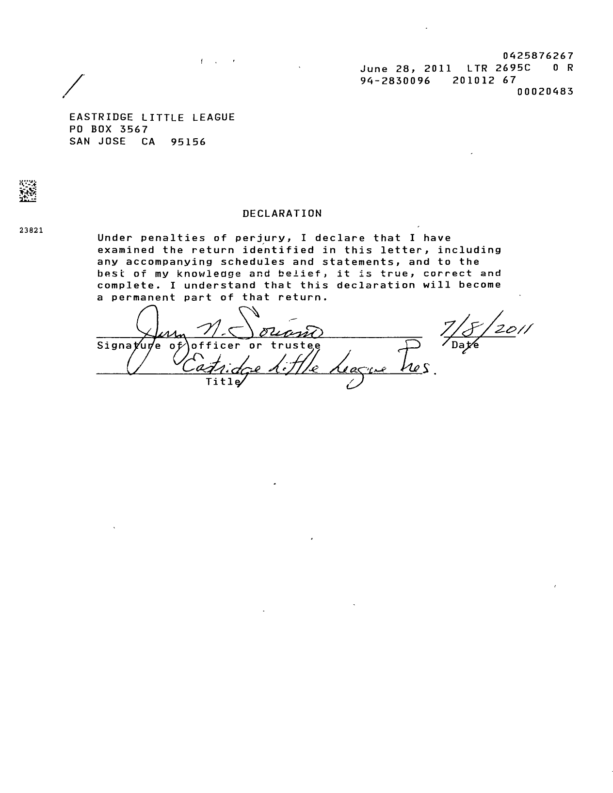 Image of first page of 2010 Form 990ER for Little League Baseball - 4055910 Eastridge LL