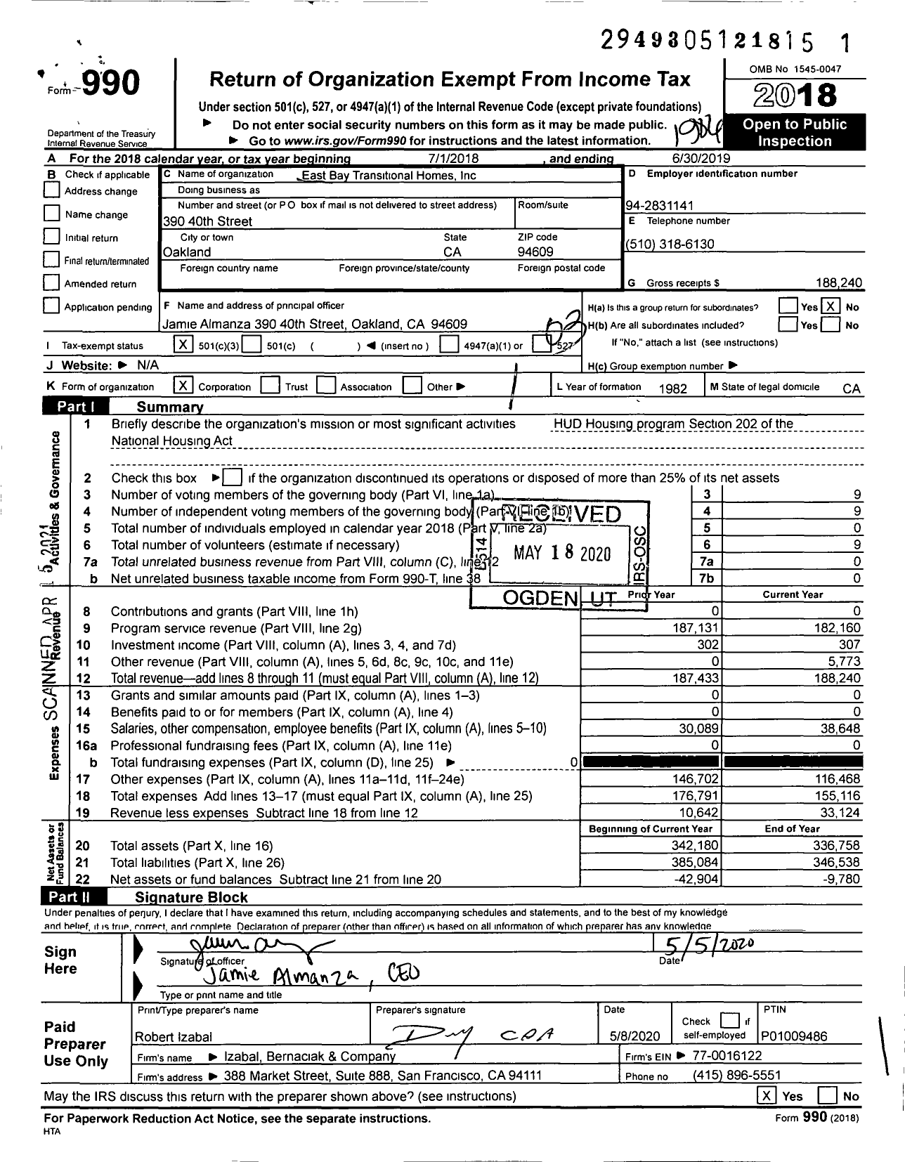 Image of first page of 2018 Form 990 for East Bay Transitional Homes