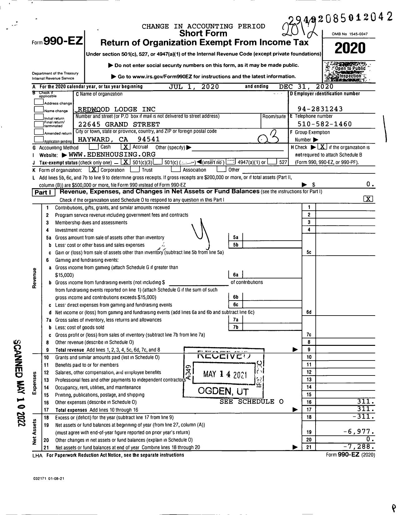 Image of first page of 2020 Form 990EZ for Redwood Lodge A California Non