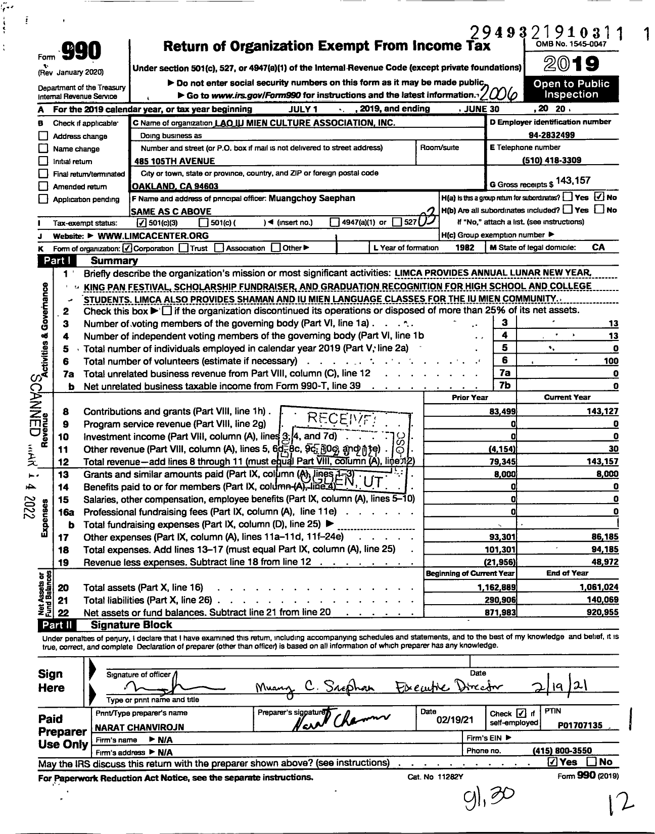 Image of first page of 2019 Form 990 for Lao Iu Mien Culture Association