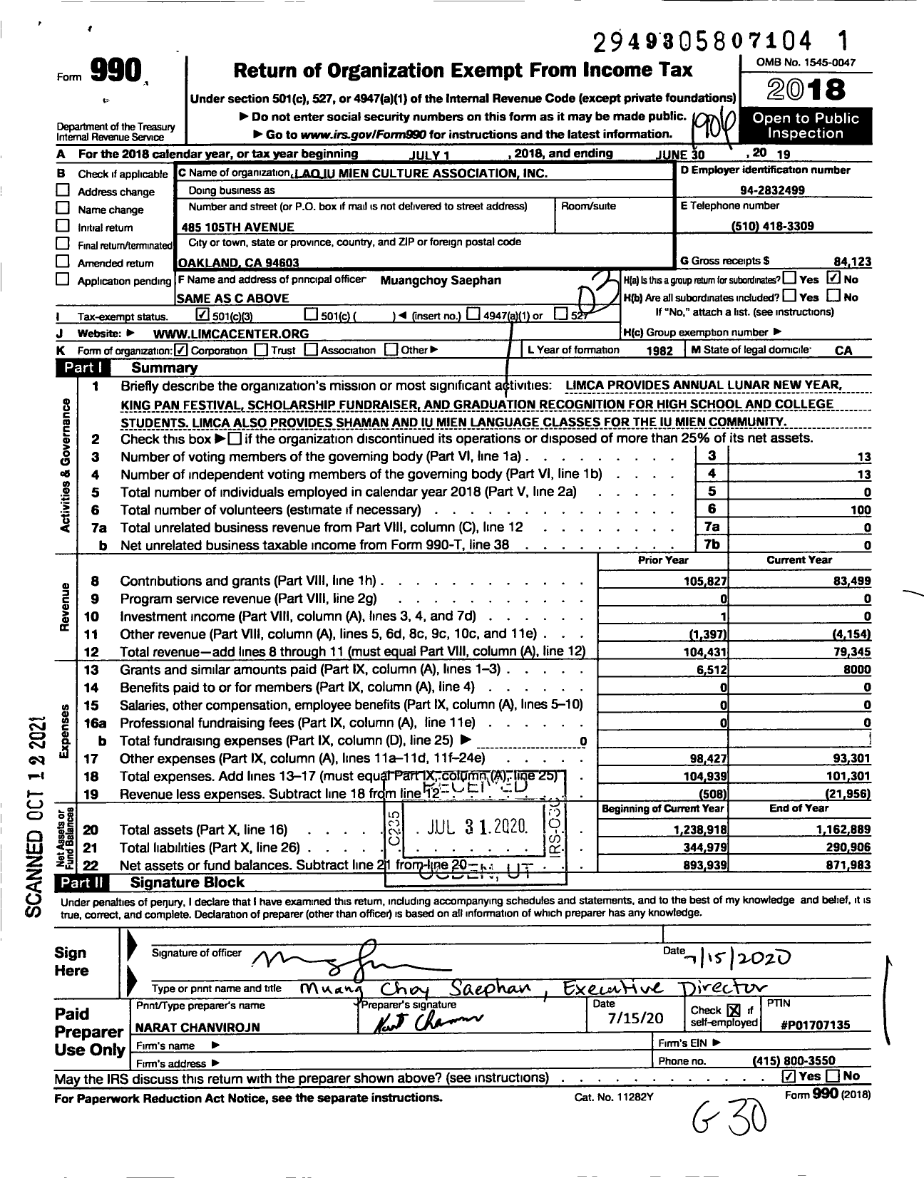 Image of first page of 2018 Form 990 for Lao Iu Mien Culture Association