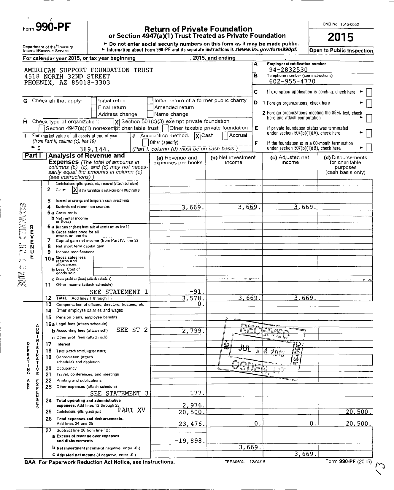 Image of first page of 2015 Form 990PF for American Support Foundation Trust