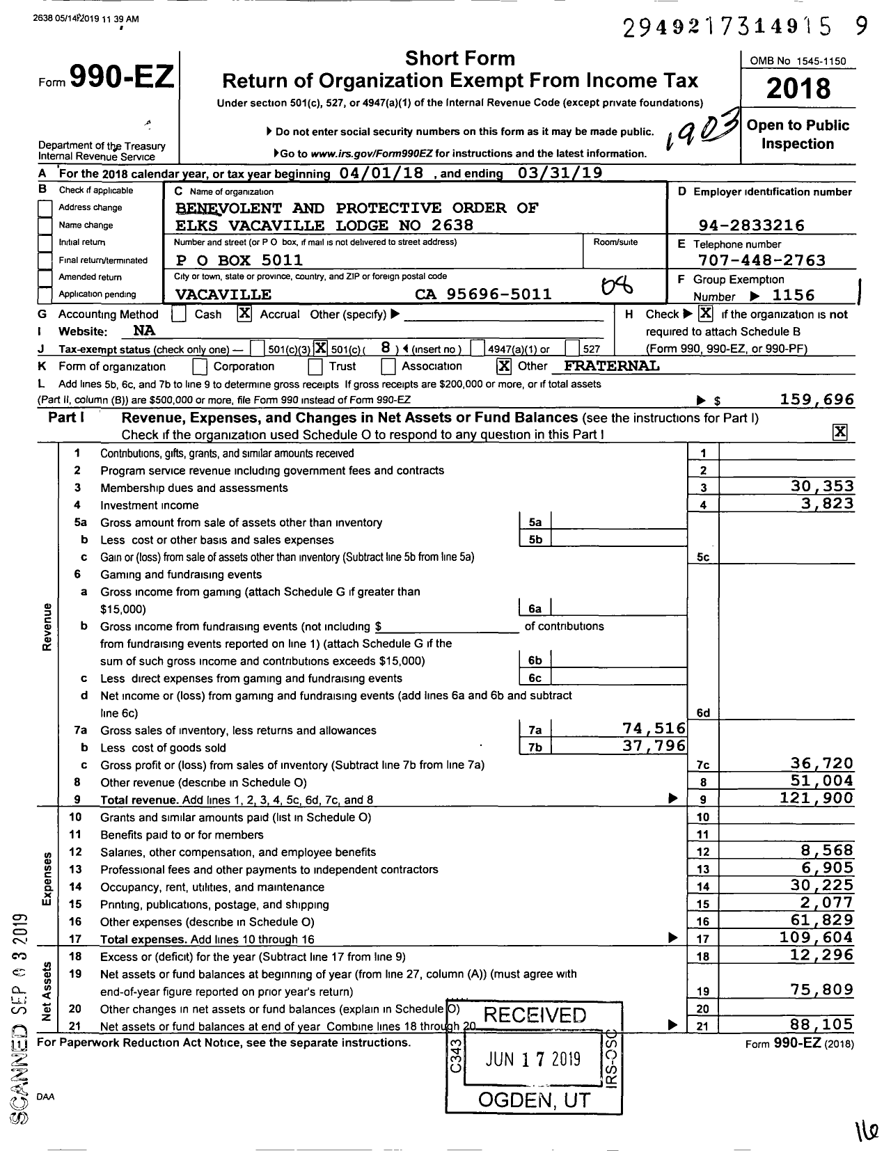 Image of first page of 2018 Form 990EO for Benevolent and Protective Order of Elks - 2638 Vacaville