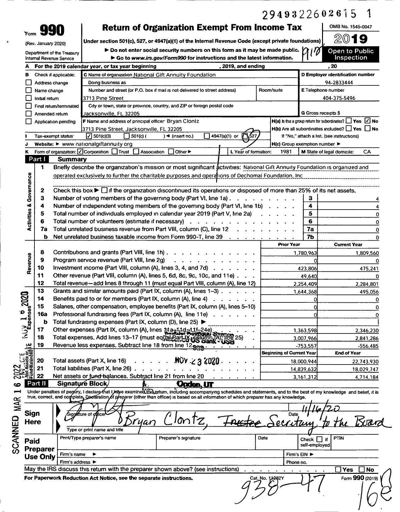 Image of first page of 2019 Form 990 for National Gift Annuity Foundation