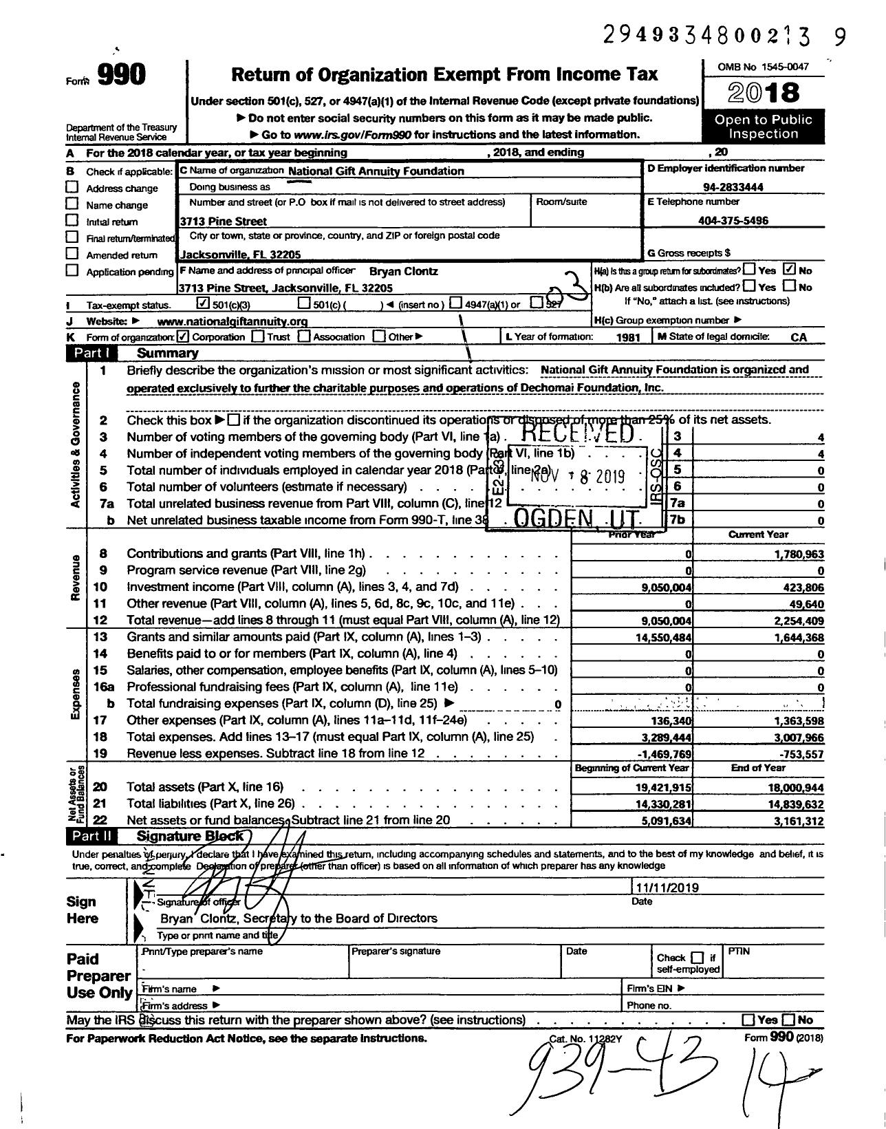 Image of first page of 2018 Form 990 for National Gift Annuity Foundation