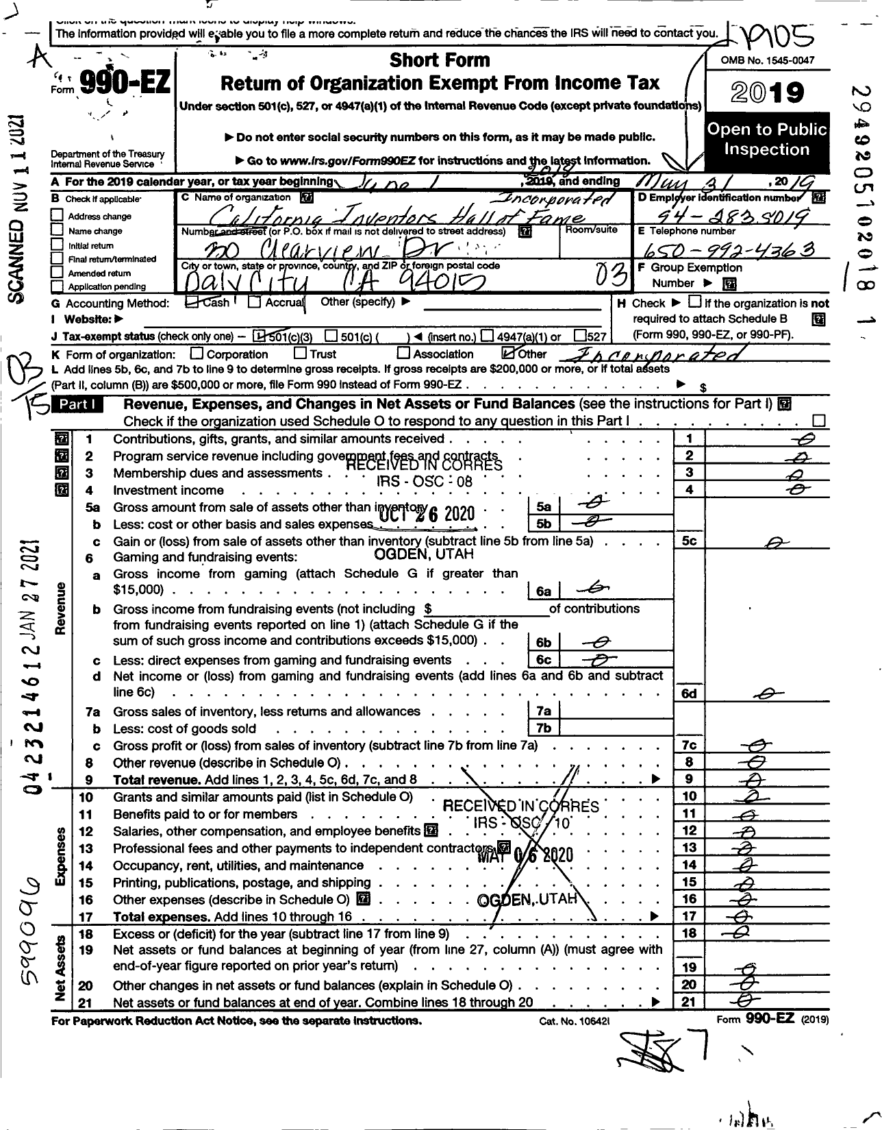 Image of first page of 2018 Form 990EZ for California Inventors Hall of Fame Incorporated