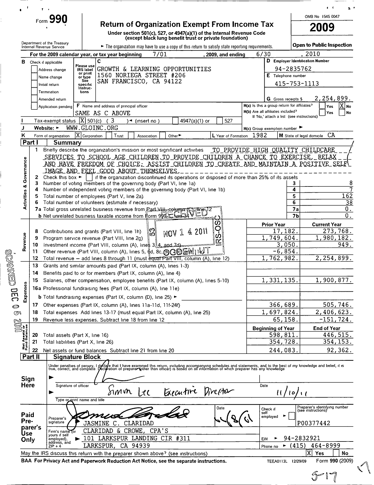 Image of first page of 2009 Form 990 for Growth and Learning Opportunities