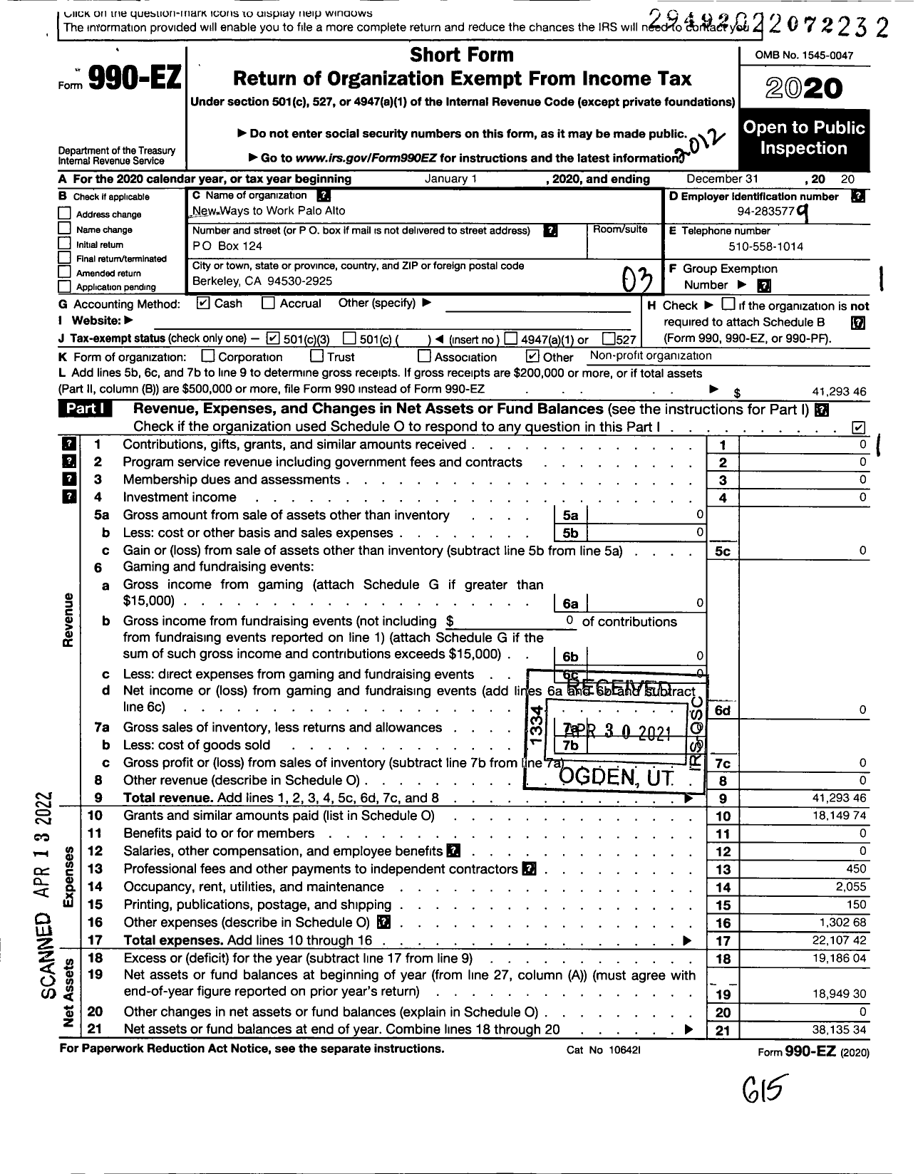 Image of first page of 2020 Form 990EZ for New Ways To Work (NWW)