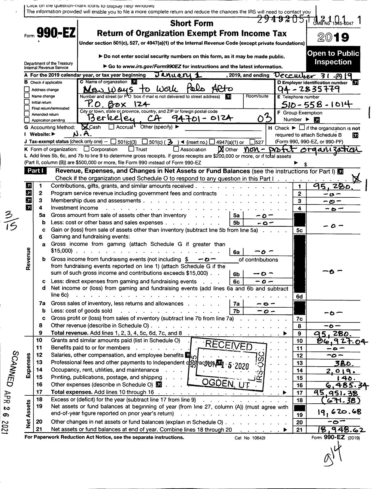 Image of first page of 2019 Form 990EZ for New Ways To Work (NWW)