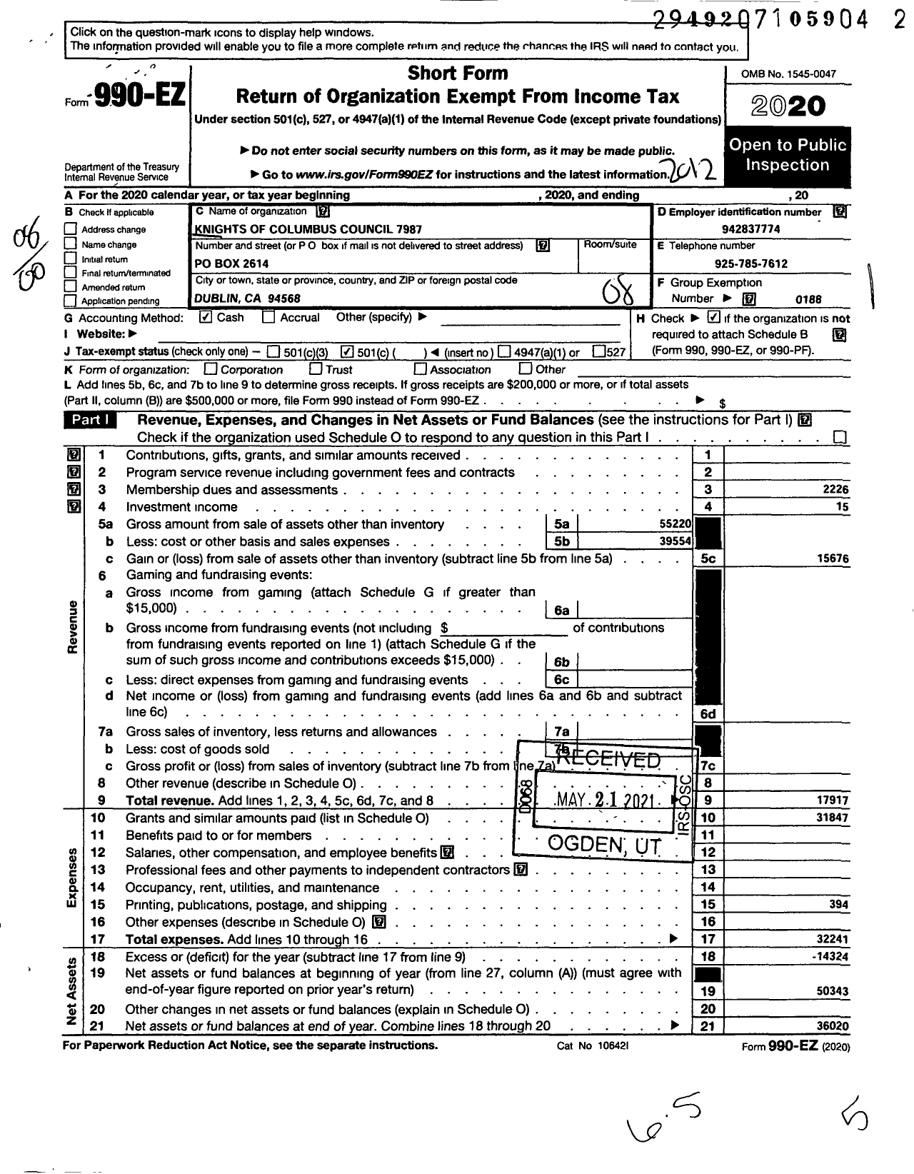 Image of first page of 2020 Form 990EO for Knights of Columbus - 7987 Father John C Murphy Council