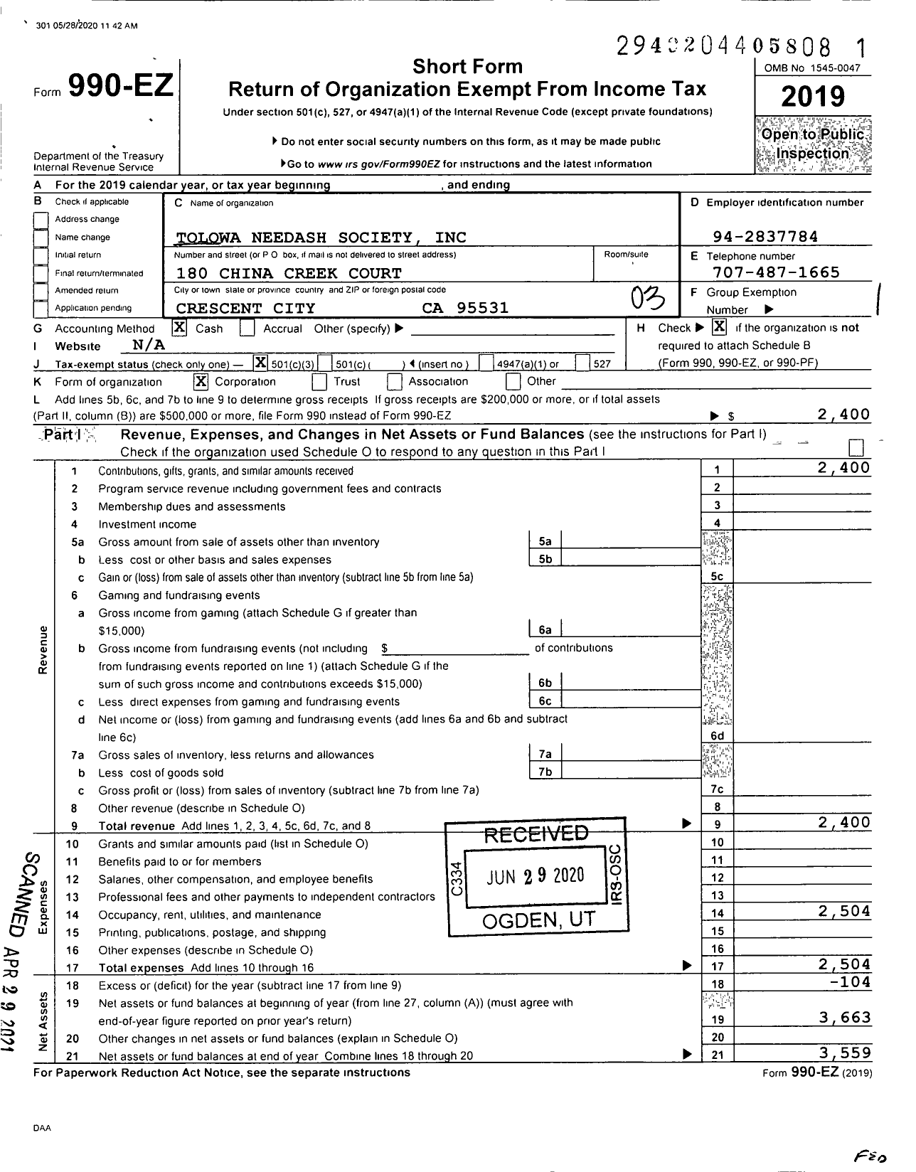 Image of first page of 2019 Form 990EZ for The Tolowa Needash Society