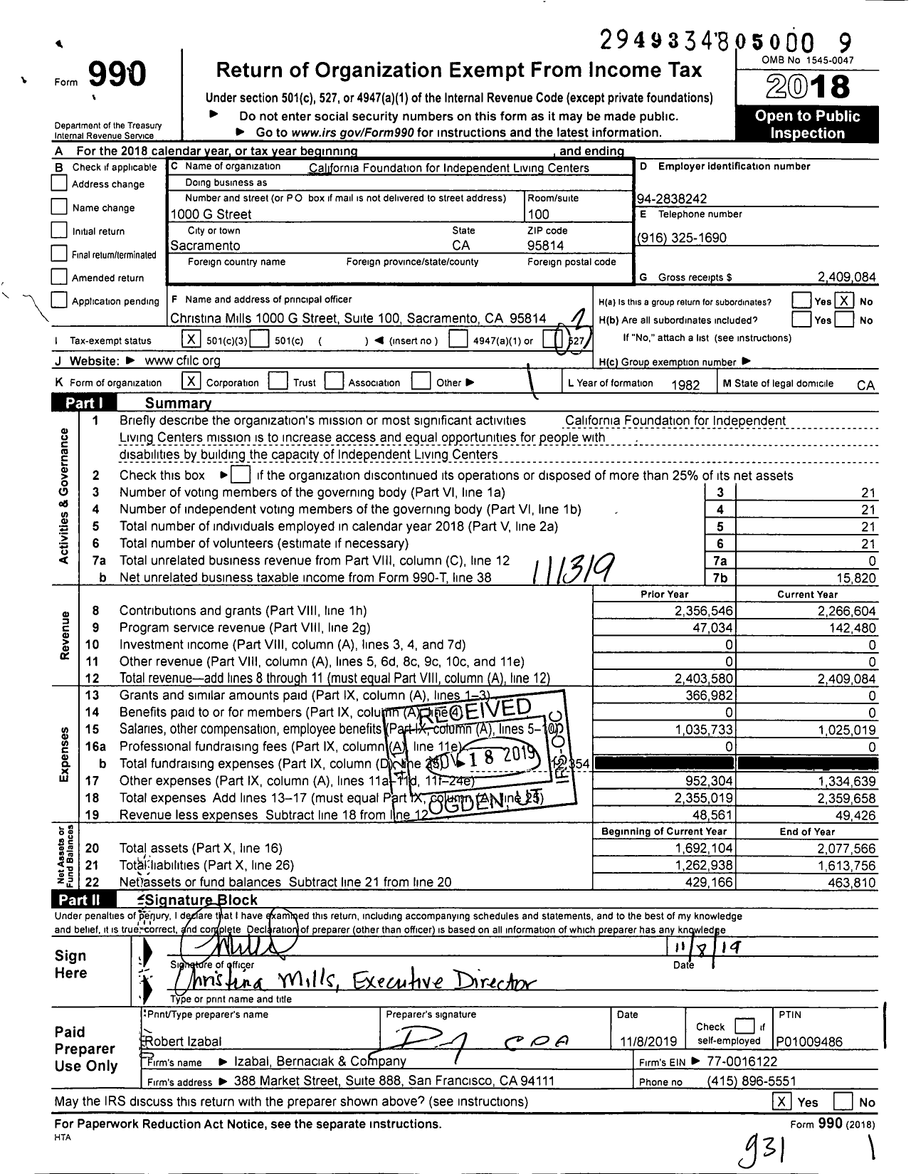 Image of first page of 2018 Form 990 for California Foundation for Independent Living Centers (CFILC)