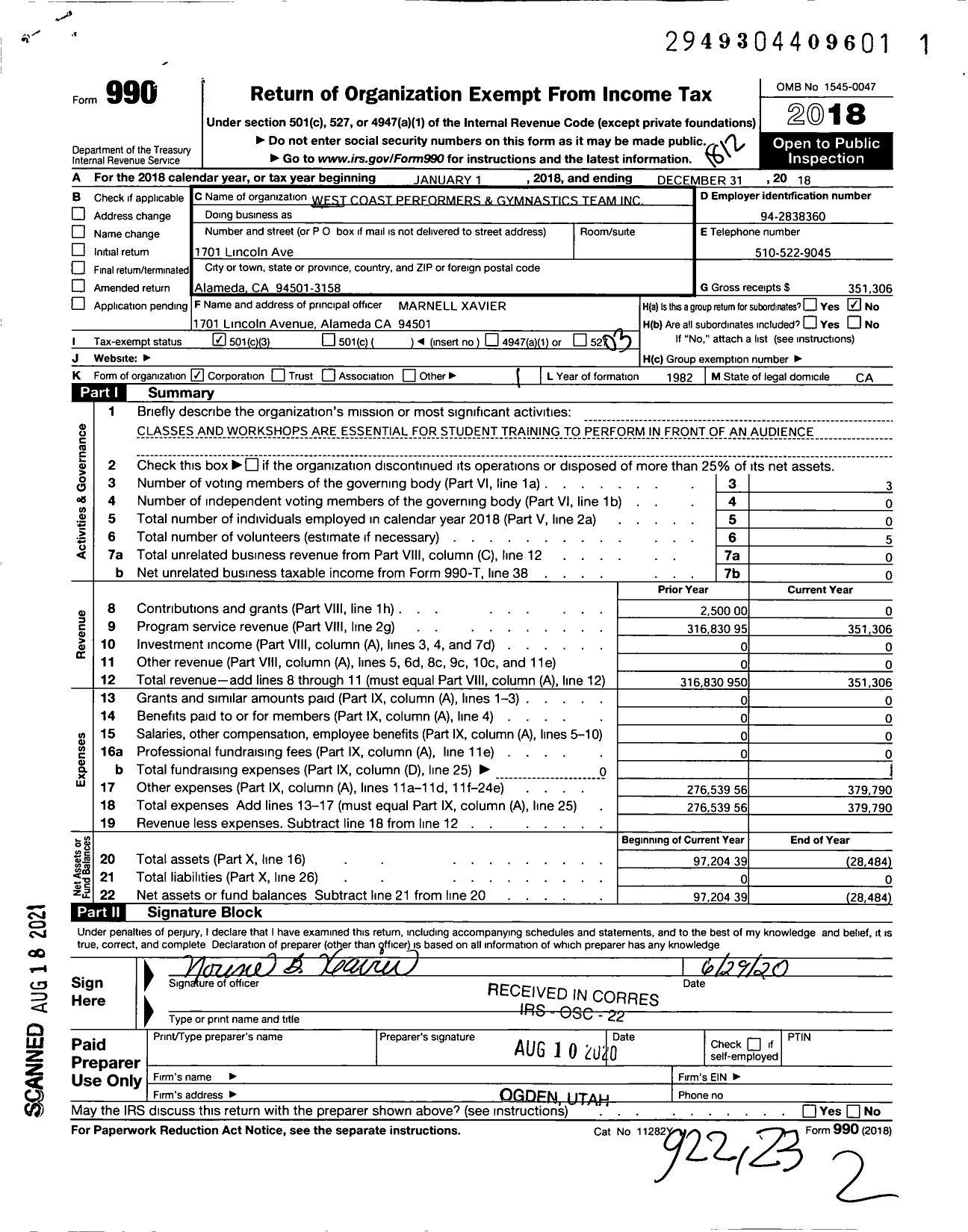 Image of first page of 2018 Form 990 for West Coast Performers and Gymnastics Team