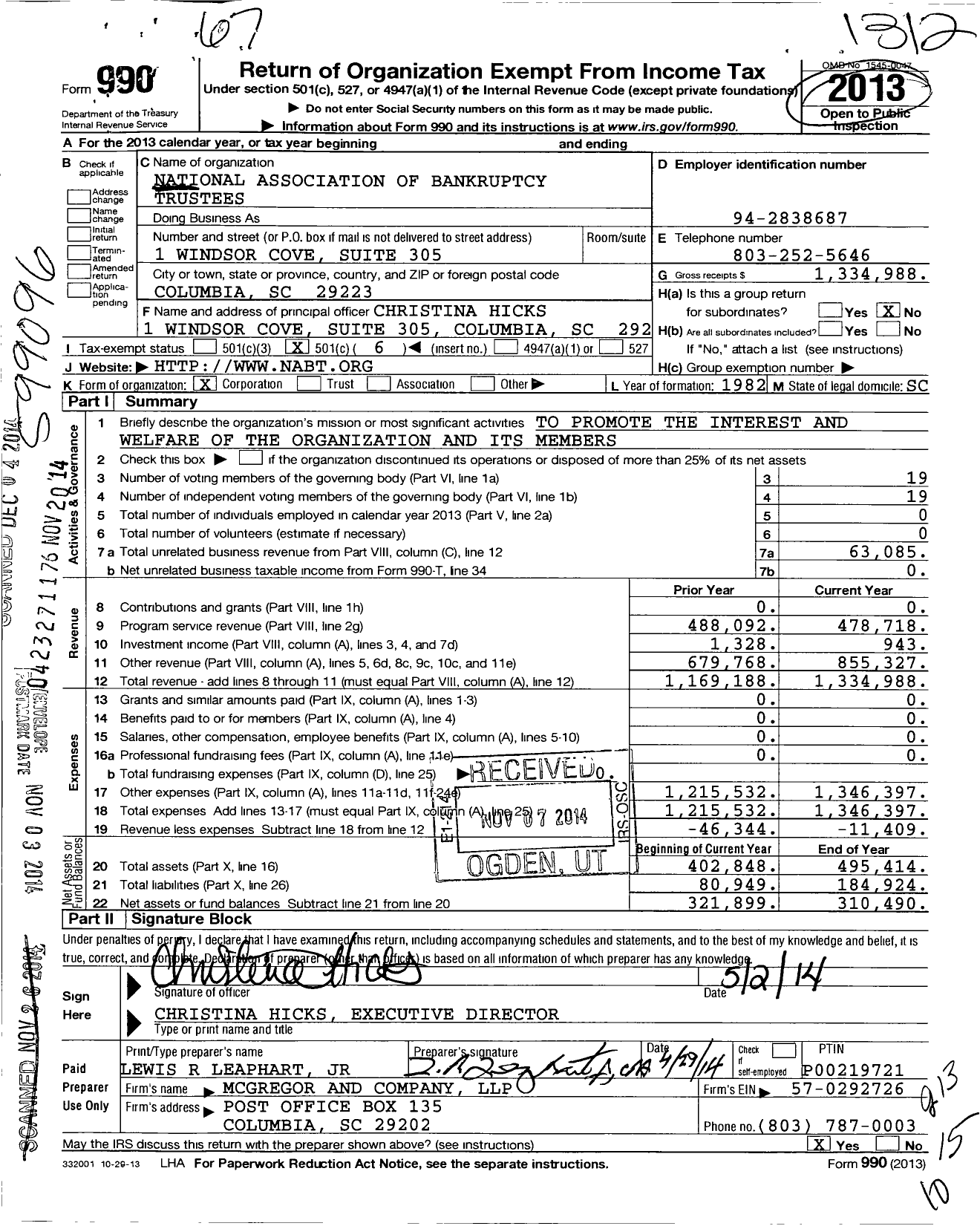 Image of first page of 2013 Form 990O for National Association of Bankruptcy Trustees (NABT)