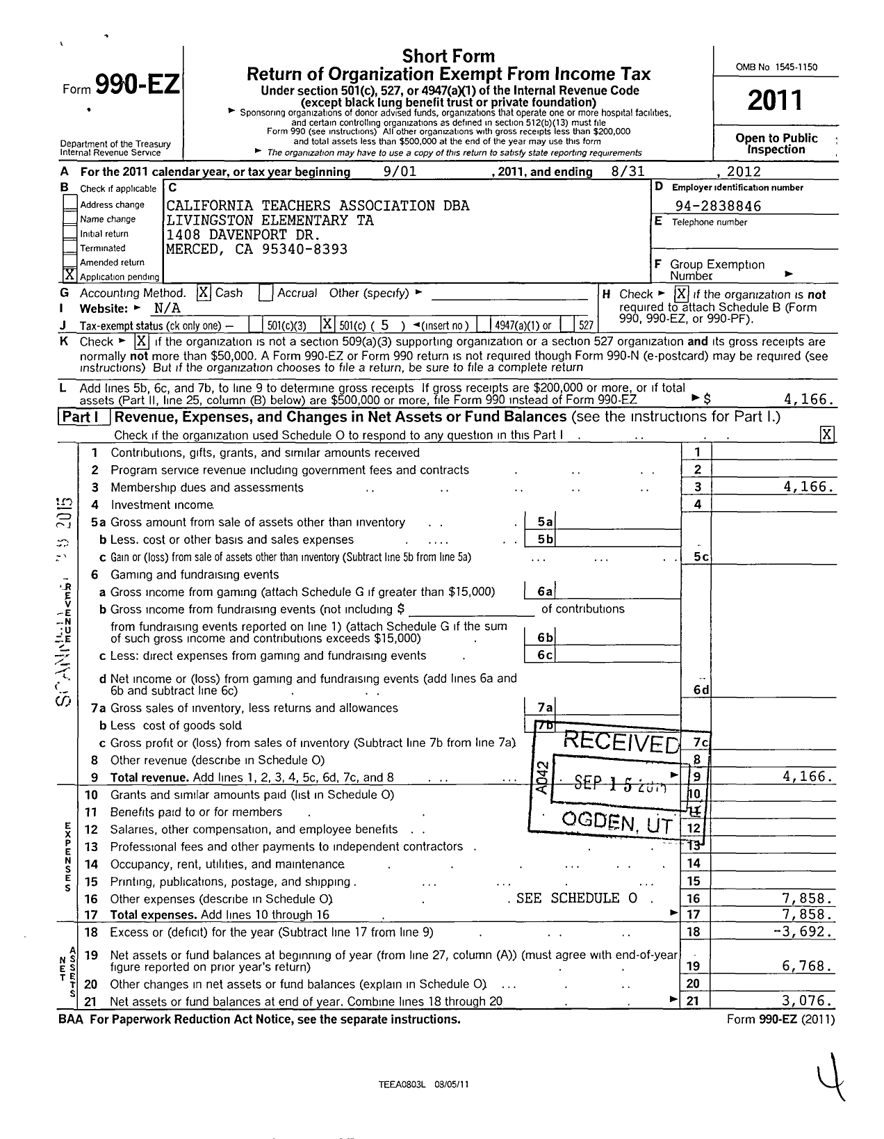 Image of first page of 2011 Form 990EO for California Teachers Association - Livingston Elem SCH T A