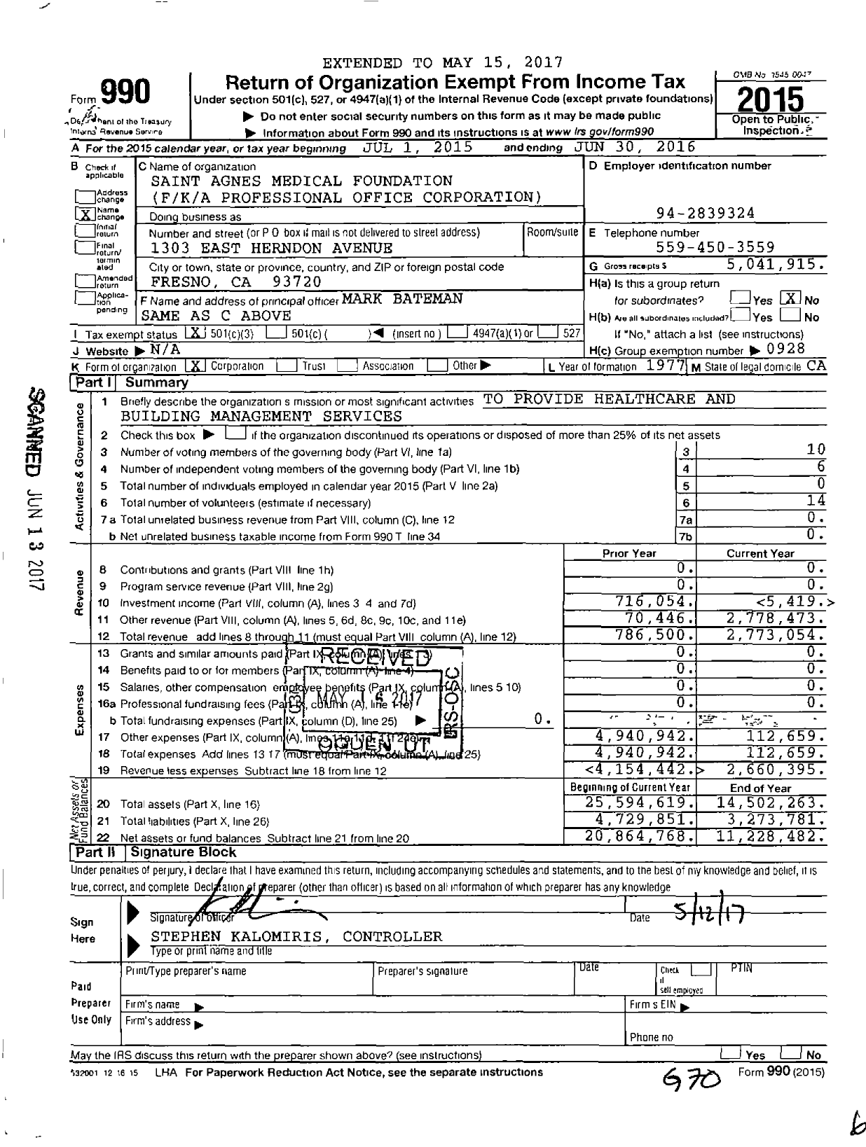 Image of first page of 2015 Form 990 for Saint Agnes Medical Foundation