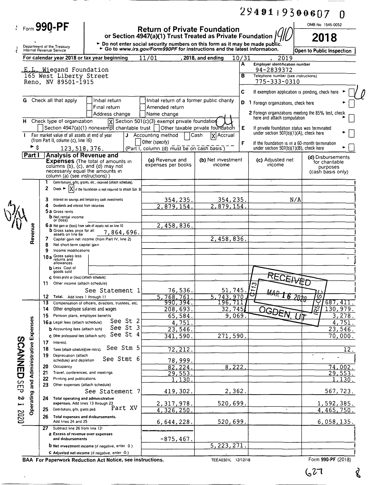 Image of first page of 2018 Form 990PR for EL Wiegand Foundation