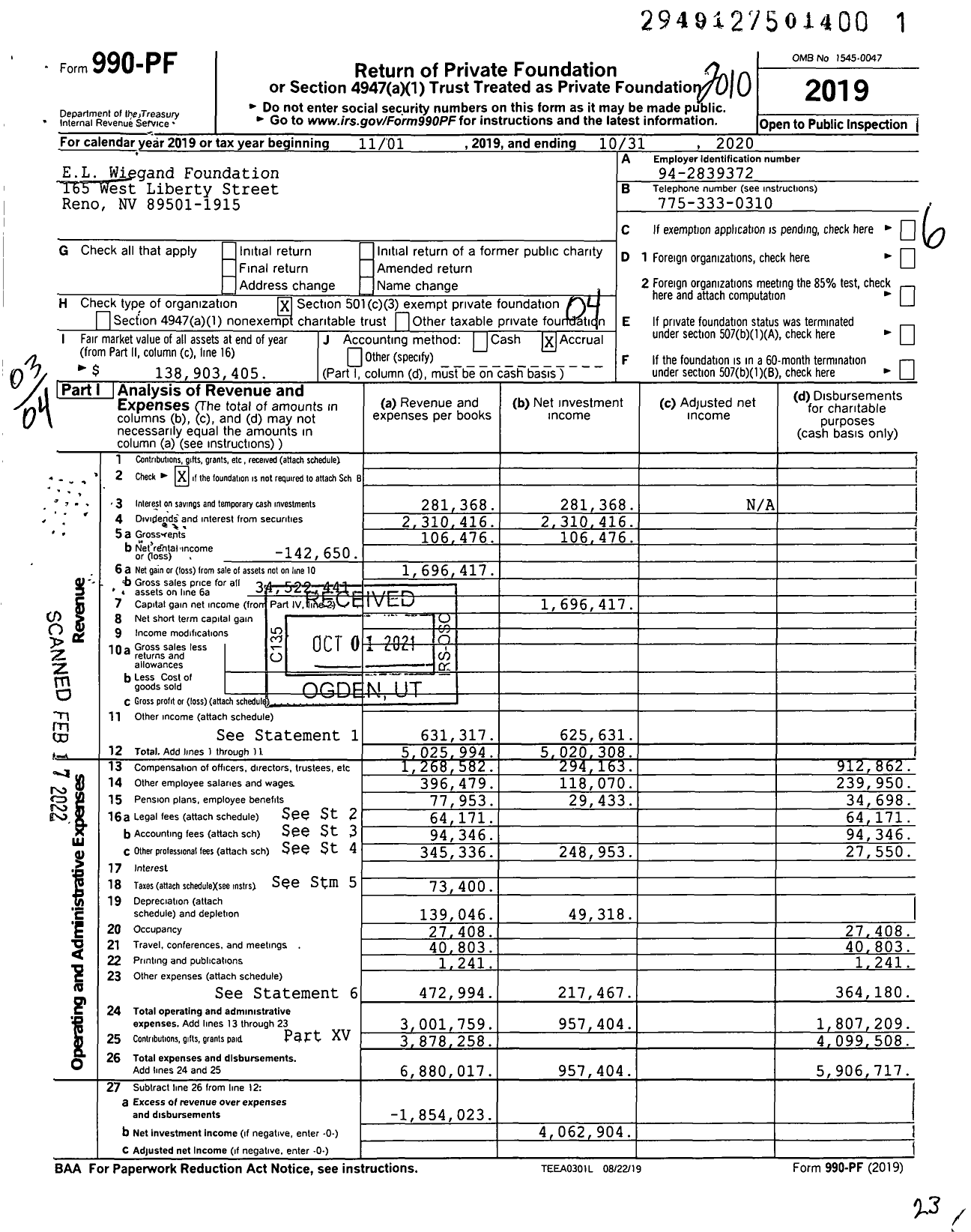 Image of first page of 2019 Form 990PF for EL Wiegand Foundation