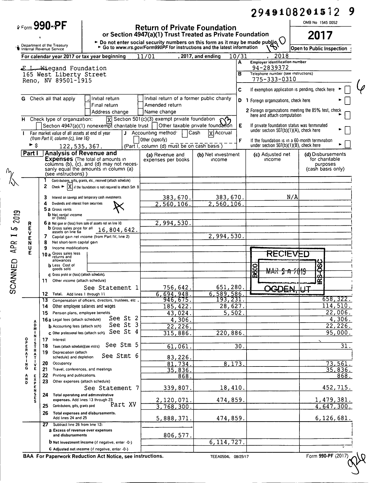 Image of first page of 2017 Form 990PF for EL Wiegand Foundation