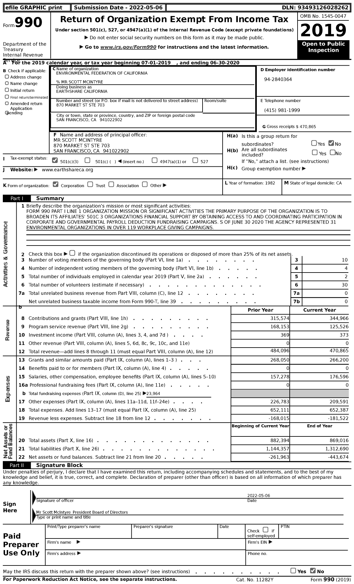 Image of first page of 2019 Form 990 for Environmental Federation of California Earthshare California