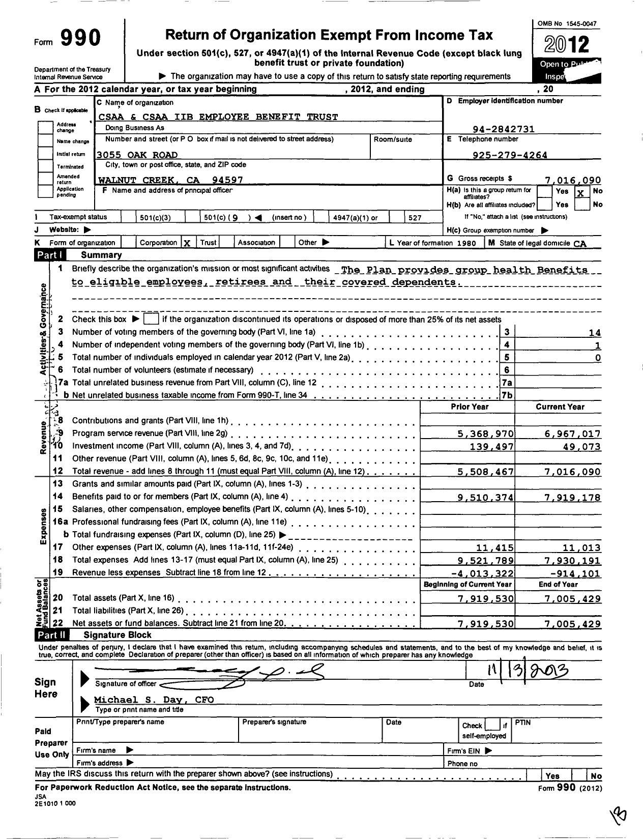 Image of first page of 2012 Form 990O for Csaa Insurance Exchange Employee Benefit Trust
