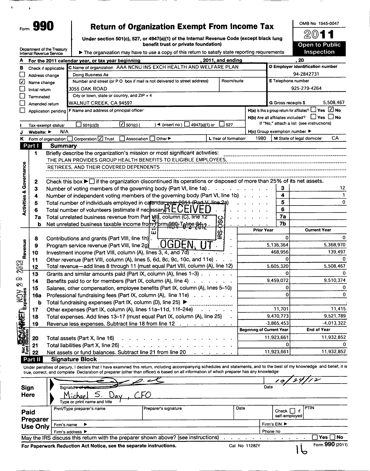 Image of first page of 2011 Form 990O for Csaa Insurance Exchange Employee Benefit Trust