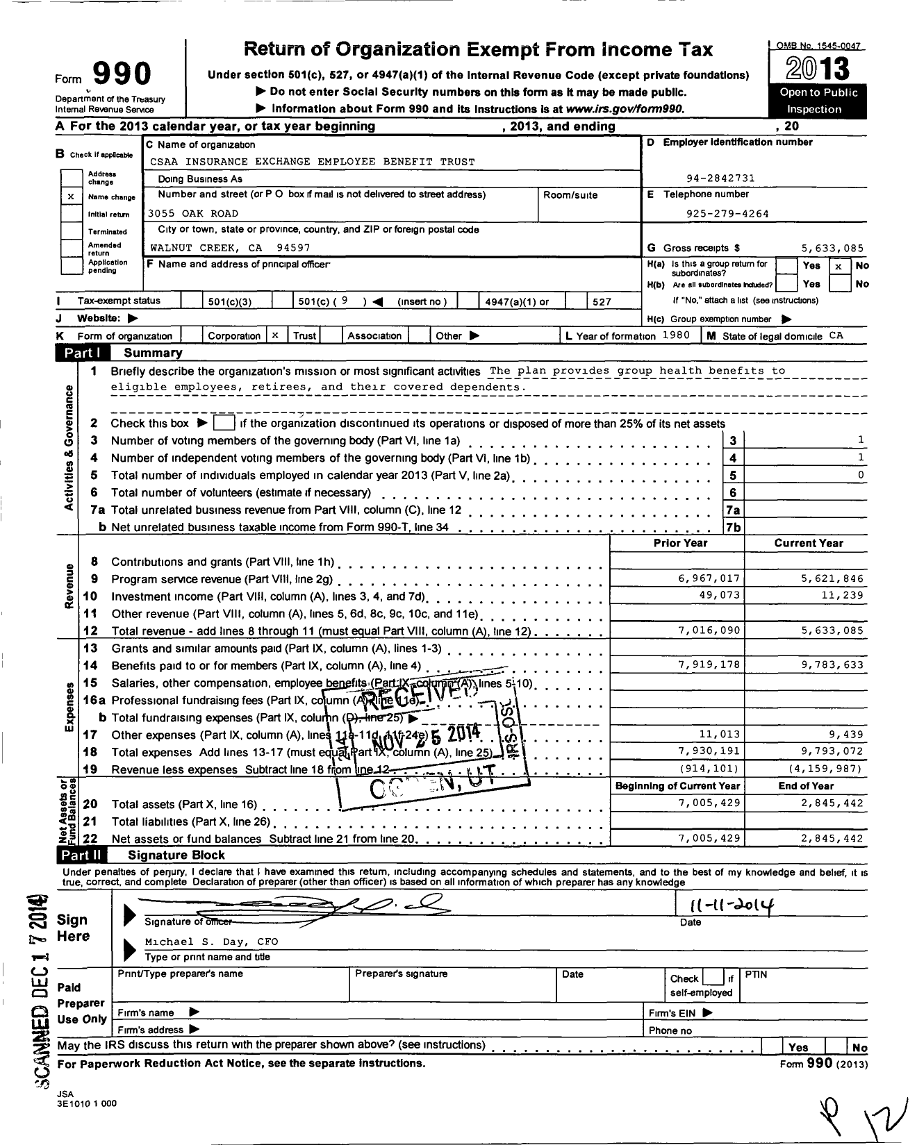 Image of first page of 2013 Form 990O for Csaa Insurance Exchange Employee Benefit Trust