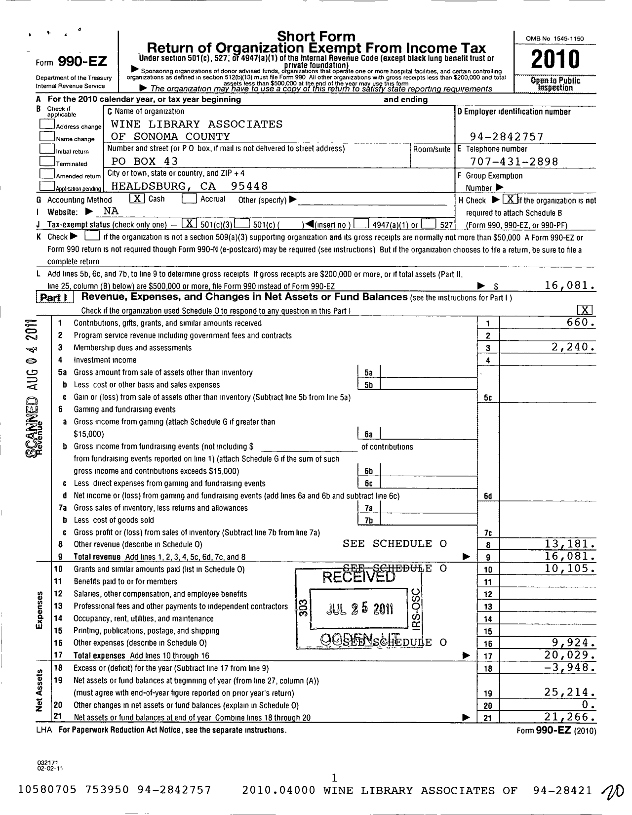 Image of first page of 2010 Form 990EZ for Sonoma County Wine Library Association Incorporated