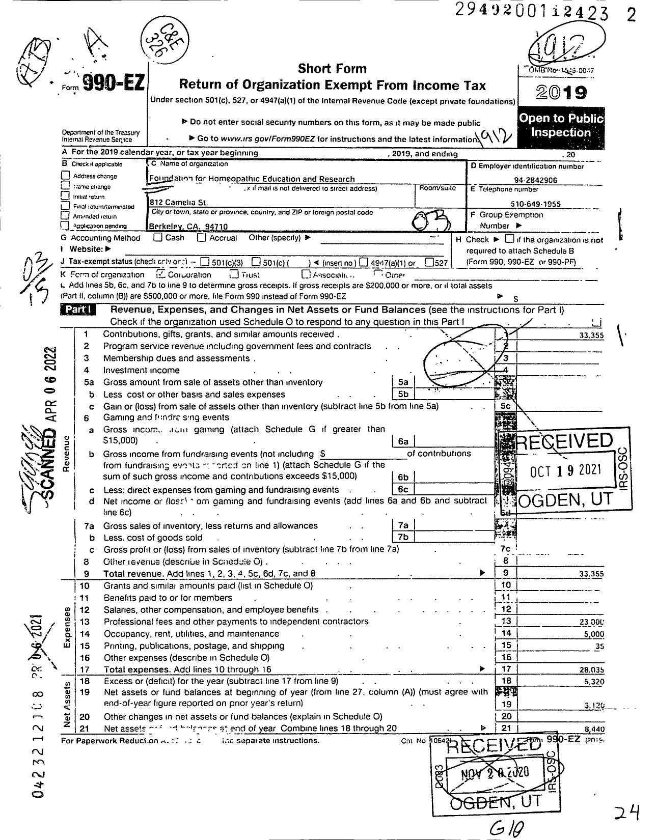 Image of first page of 2019 Form 990EZ for FOUNDATIoN FOR HOMEOPATHIC EDUCATION AND RESEARCh