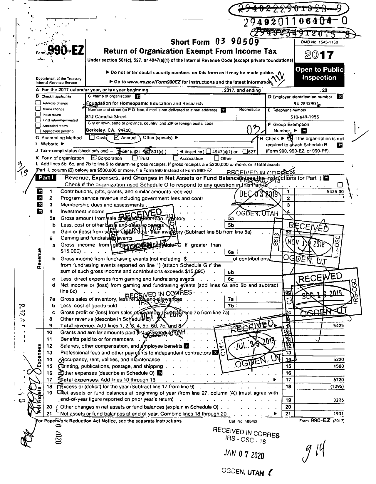 Image of first page of 2017 Form 990EZ for FOUNDATIoN FOR HOMEOPATHIC EDUCATION AND RESEARCh